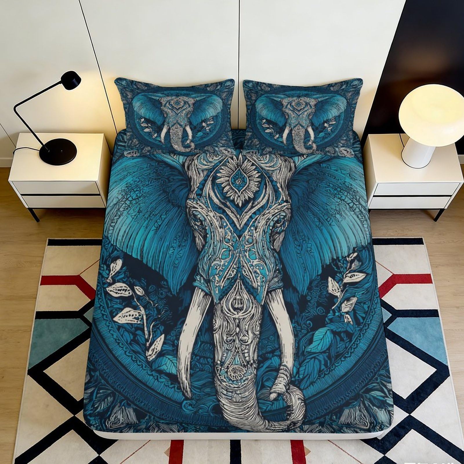 3D Printed Elephant Pattern Fitted Sheet Microfiber Deep Pocket Non-Slip Bedroom Mattress Fitted Cover for Adults 200x200x25cm 90x200x25cm