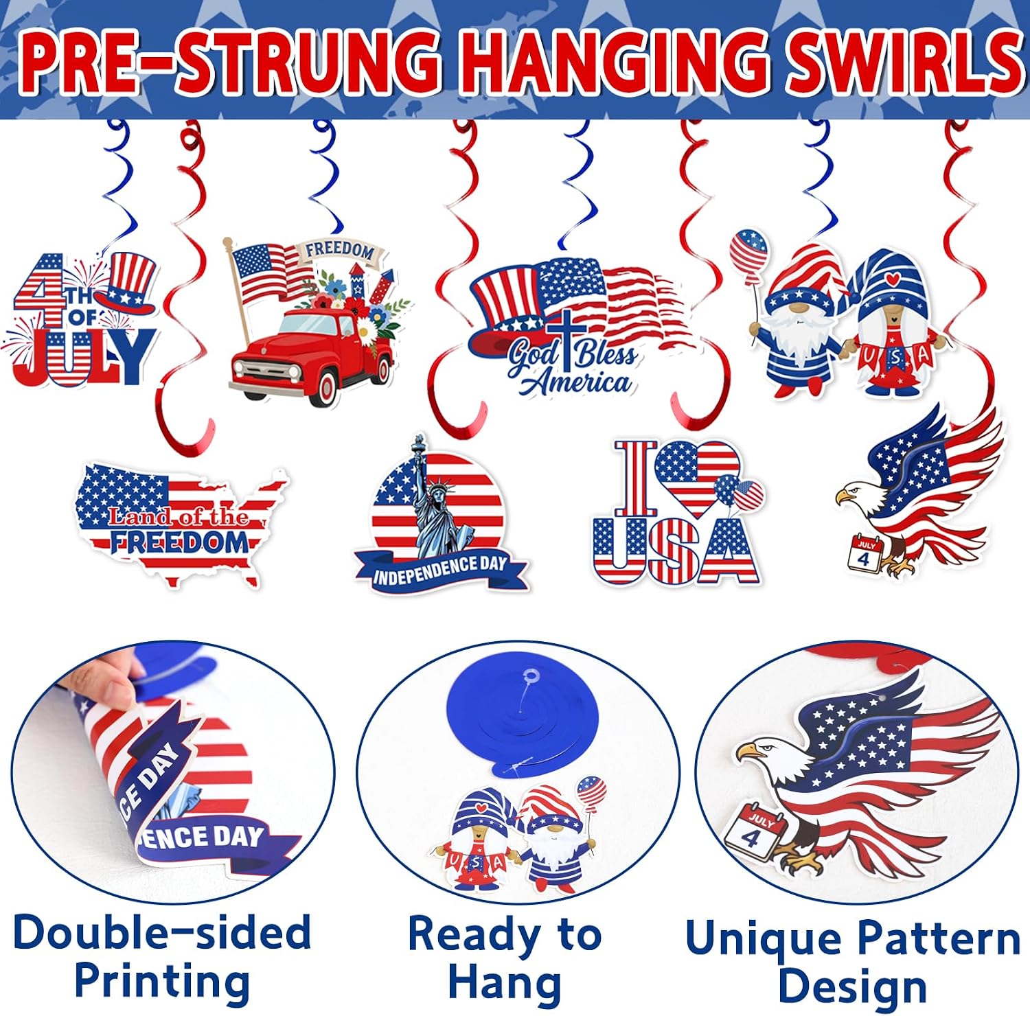 Pre-Strung 4th of July Decorations,NO - DIY Fourth of July Patriotic Decorations Sets Include Banner Honeycomb Balls Hanging Swirls Garland for Red White Blue 250th Anniversary Independence Day Decor