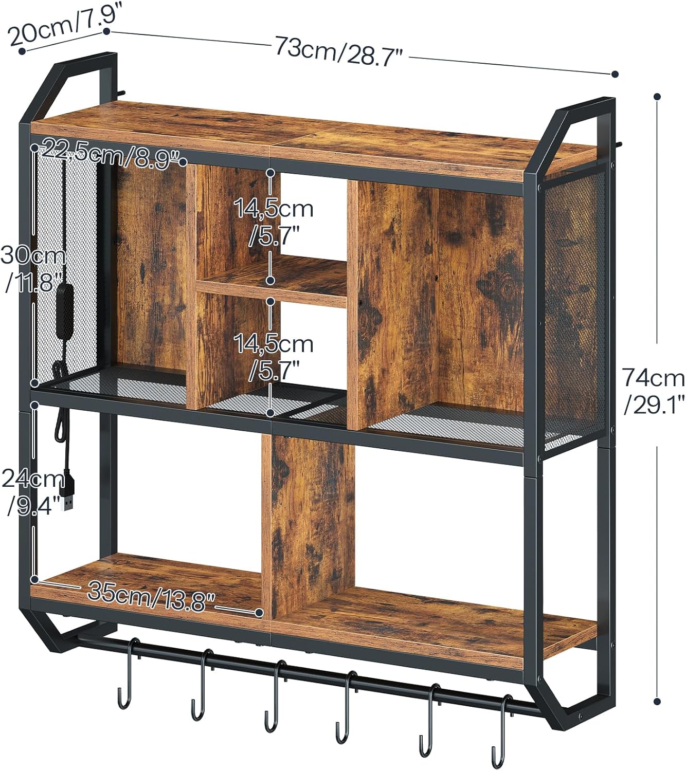 HOOBRO Gaming Floating Shelves with LED Lights, 28.7" LED Wall Mounted Shelf, 3-Tier Display Rack for Wall Storage, Floating Rack with Hanging Rod and 6 S-Hooks, Rustic Brown and Black BF70DBJ01