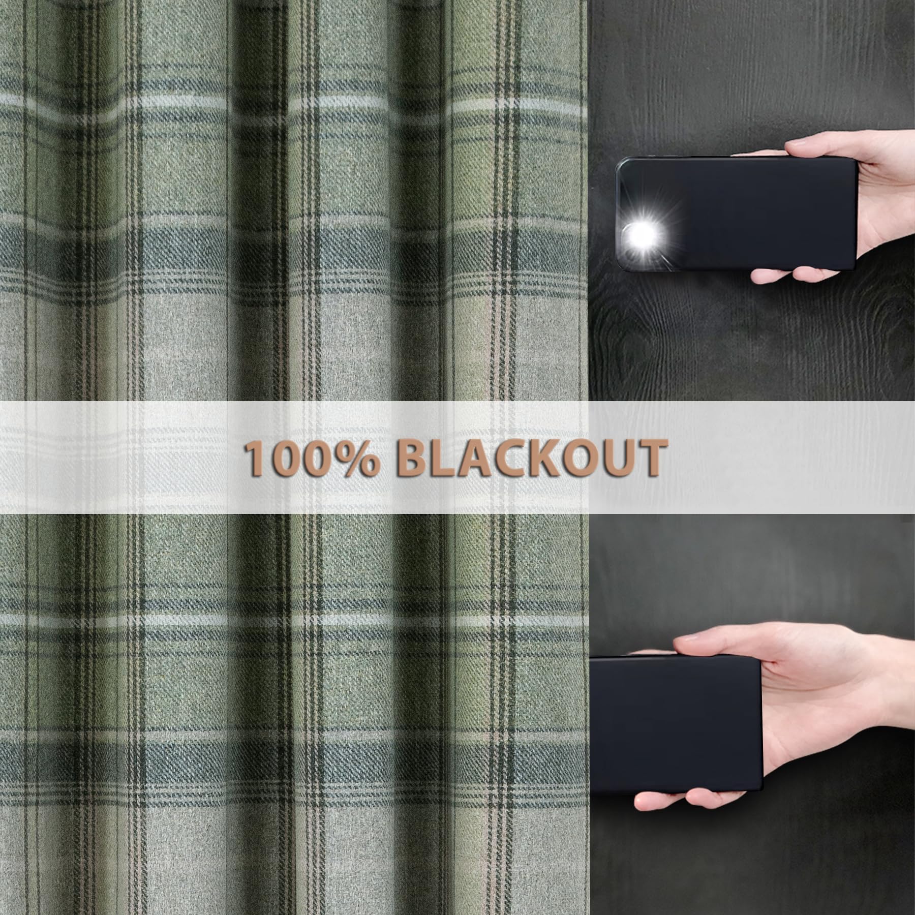 always4u 100% Blackout Curtains Check Eyelet Bedroom Tartan Curtain Plaid Brushed Cheque Pair of Highland Woolen Look Window Treatment for Living Room Green 66 * 72 Inches - Image 4