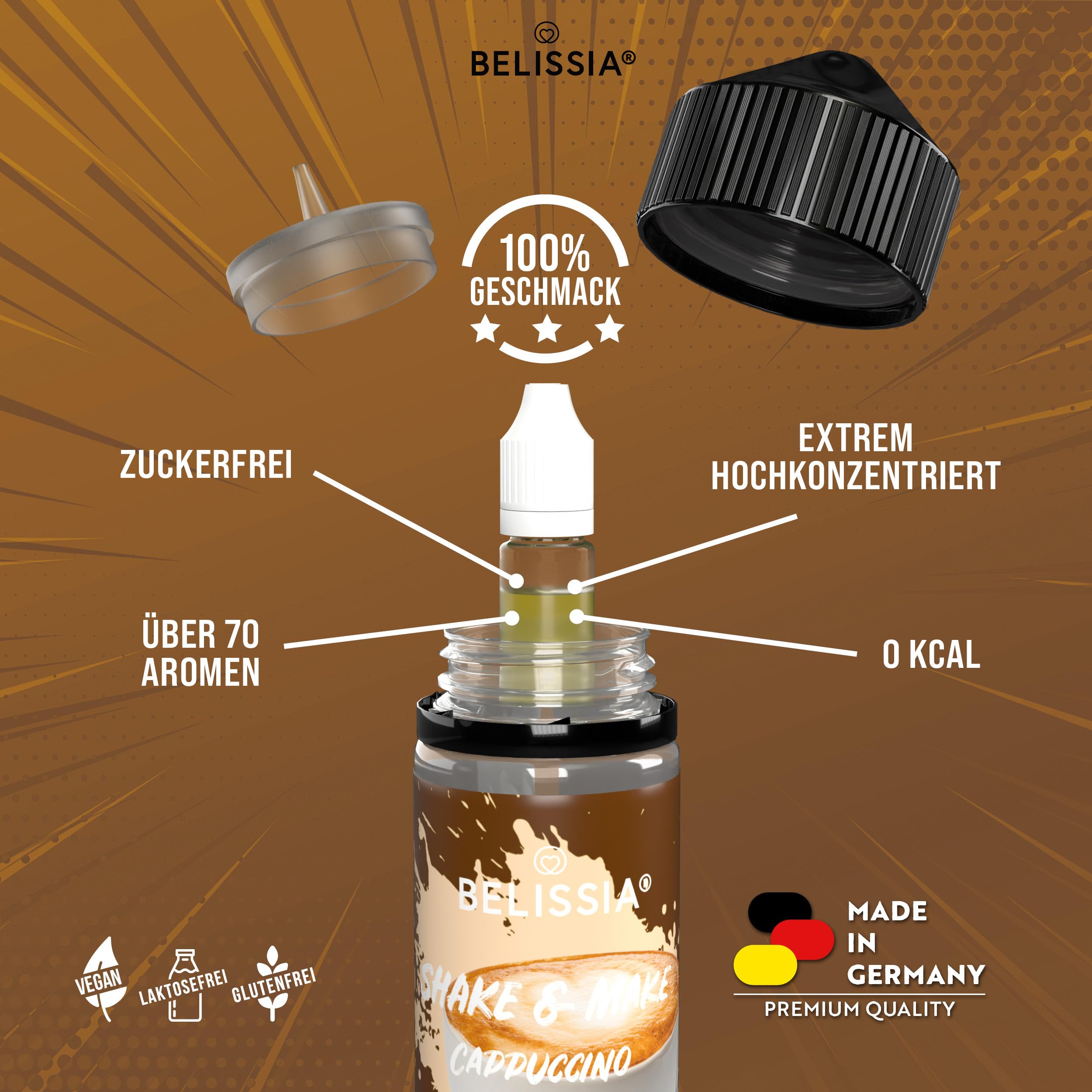 Belissia Shake and Make - Geschmack Cappuccino - Hochdosiertes Lebensmittel Aroma 10ml mit praktischer Schüttelflasche zum mischen. Für Lebensmittel, Kochen, Backen, Hobby, Raumerfrischung uvm.