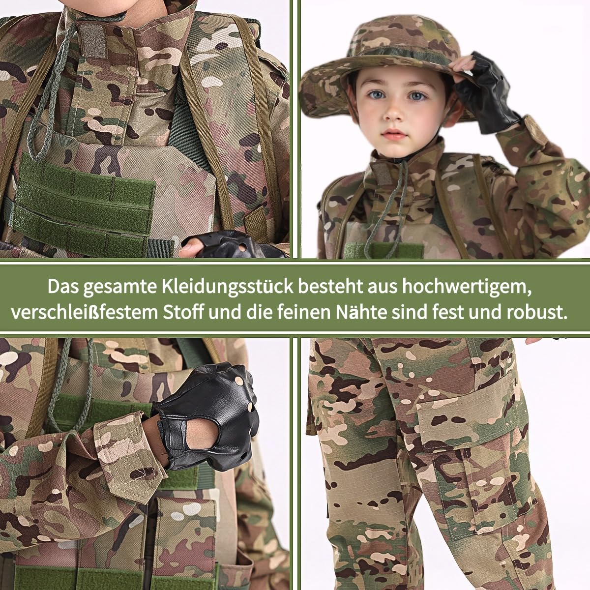Kinder Militär-Kostüm Set, Taktische Weste, Tarnanzug mit Jacke und Hose, Boonie-Hut, Handschuhe, Gürtel und Pfeife, Camouflage