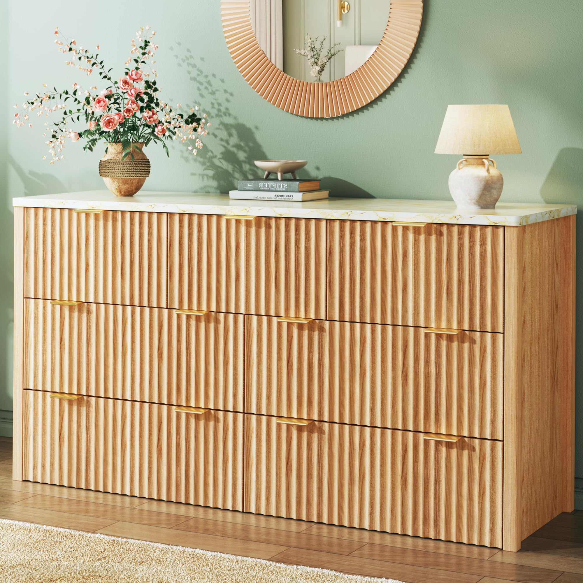 HUAHUU Fluted Dresser for Bedroom with 7 Drawers, 53" Wide Mid Century Modern Dressers with Faux Marble Top & Metal Handle, Wooden Chest of Drawers TV Stand, Natural Oak
