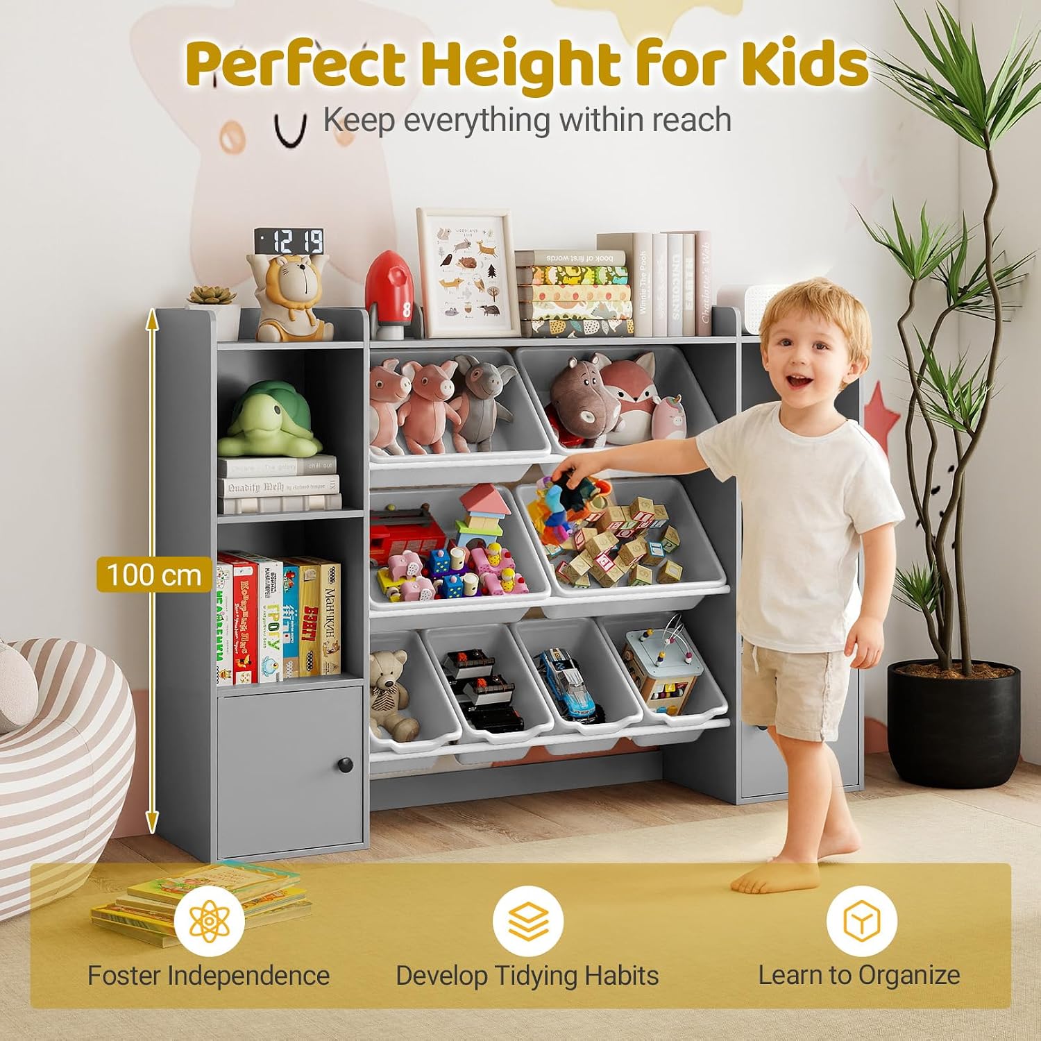 Toy Storage Cabinet, 4-Tier Kids Storage Organizer with 8 Movable Bins, 4 Cubbies & 3 Closed Cabinets, Wooden Multi-Zone Children Toy Organizer for Bedroom Playroom Nursery (Gray)