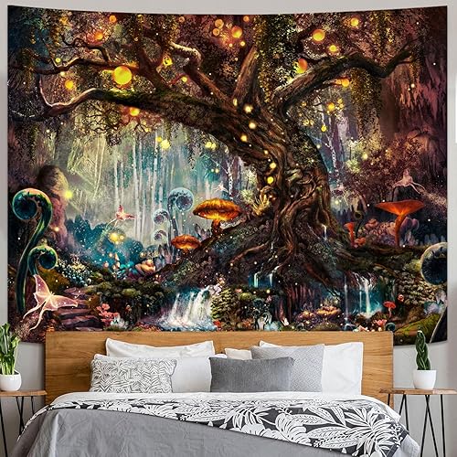 Miniatura 3 de YEXIT Tapiz de bosque mágico de cuentos de hadas, árbol de la vida con elfos, tapiz de paisaje para colgar en la pared para sala de estar,