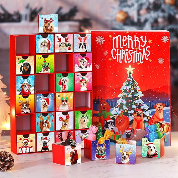 Dog Advent Calendar 2024 Empty Christmas Fillable Advent Calendar Treats Box to Fill 24 Day Xmas Gift Box for Dog Lovers Christmas Cardboard Number Boxes for Filling Treats and Snacks