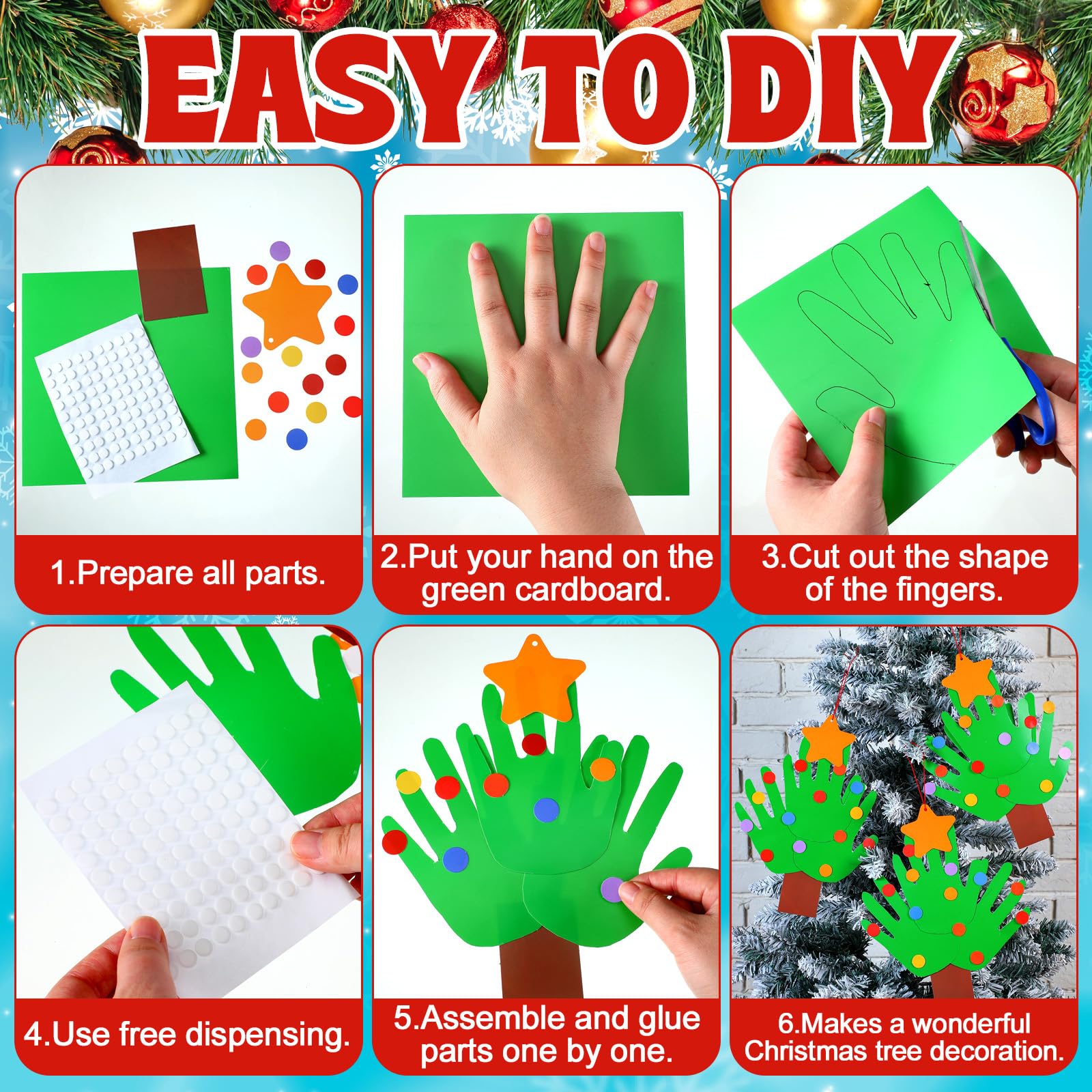 JellyArch 24 Sets Handabdruck Weihnachtsbaum Dekoration Bastelset mit rotem Seil DIY Weihnachten Handwerk Ornamente für Kinder, Bürodekorationen, lustige Heimaktivitäten