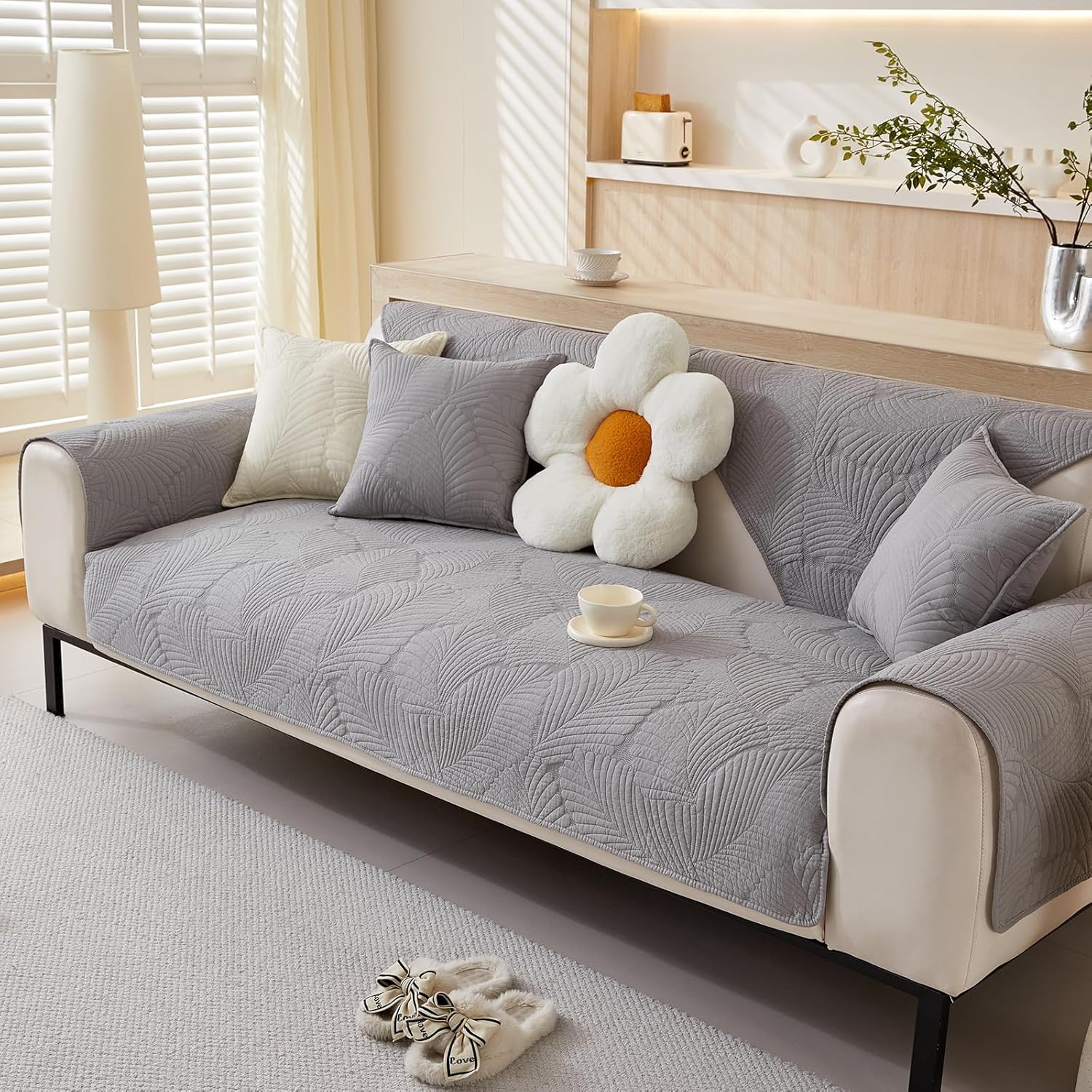 vctops Soft Cotton Quilted Couch Cover Neutral Leaf Embroidery Sofa Cover Anti Slip Sectional Couch Covers Washable Sofa Slipcover for Dogs, Children, Pets Furniture Protector (Light Grey,28"x94")