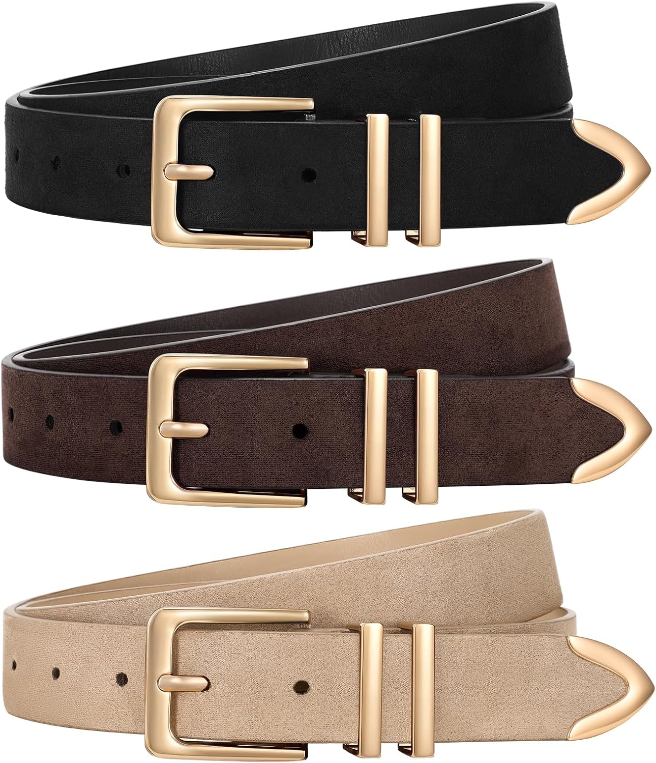 XZQTIVE 3 Pack Women Belts For Jeans Dresses Pants Ladies Leather Waist Belt with Gold Buckle