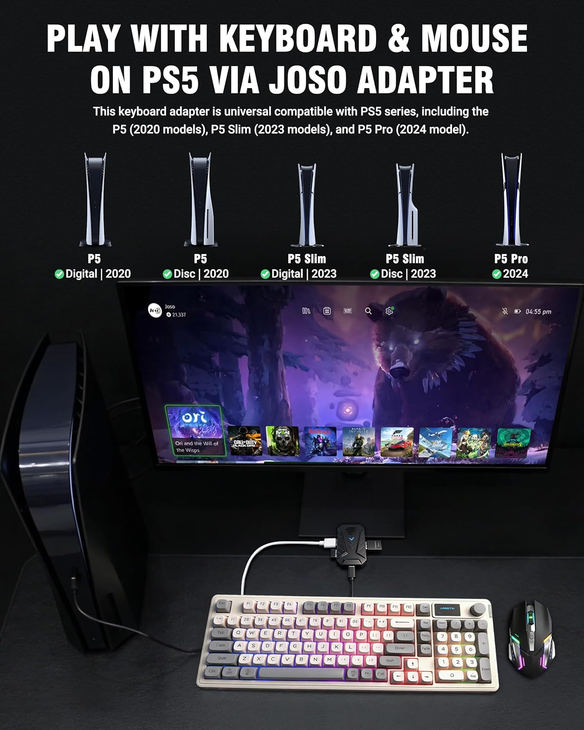 Compatibility diagram showing Joso adapter with various PS5 models