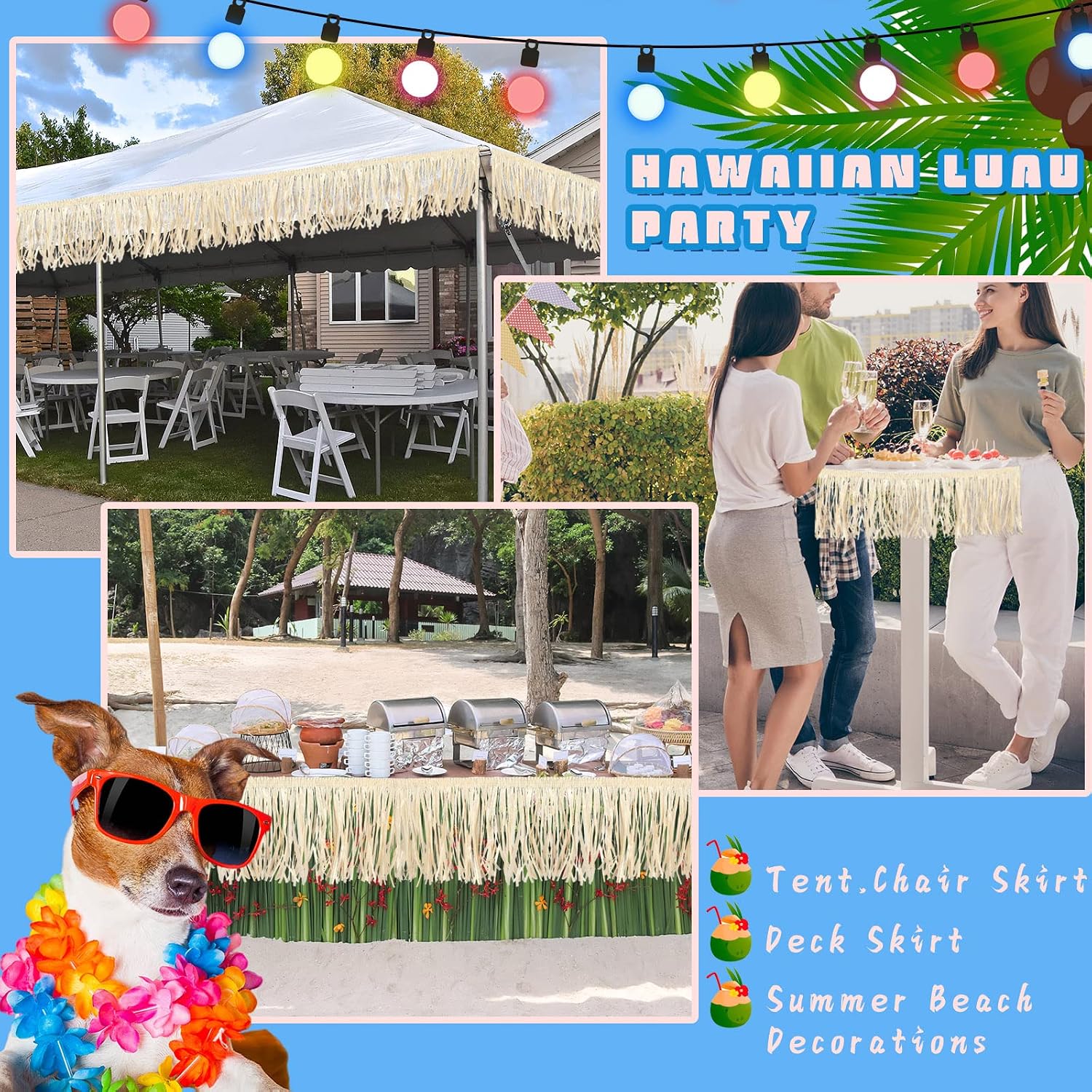 2 Pcs Luau Party Decoration Hawaiian Grass Skirt for Table Tiki Decor Raffia Fringe Banner Raffia Table Skirt for Birthday Party (9.8 x 1 ft)