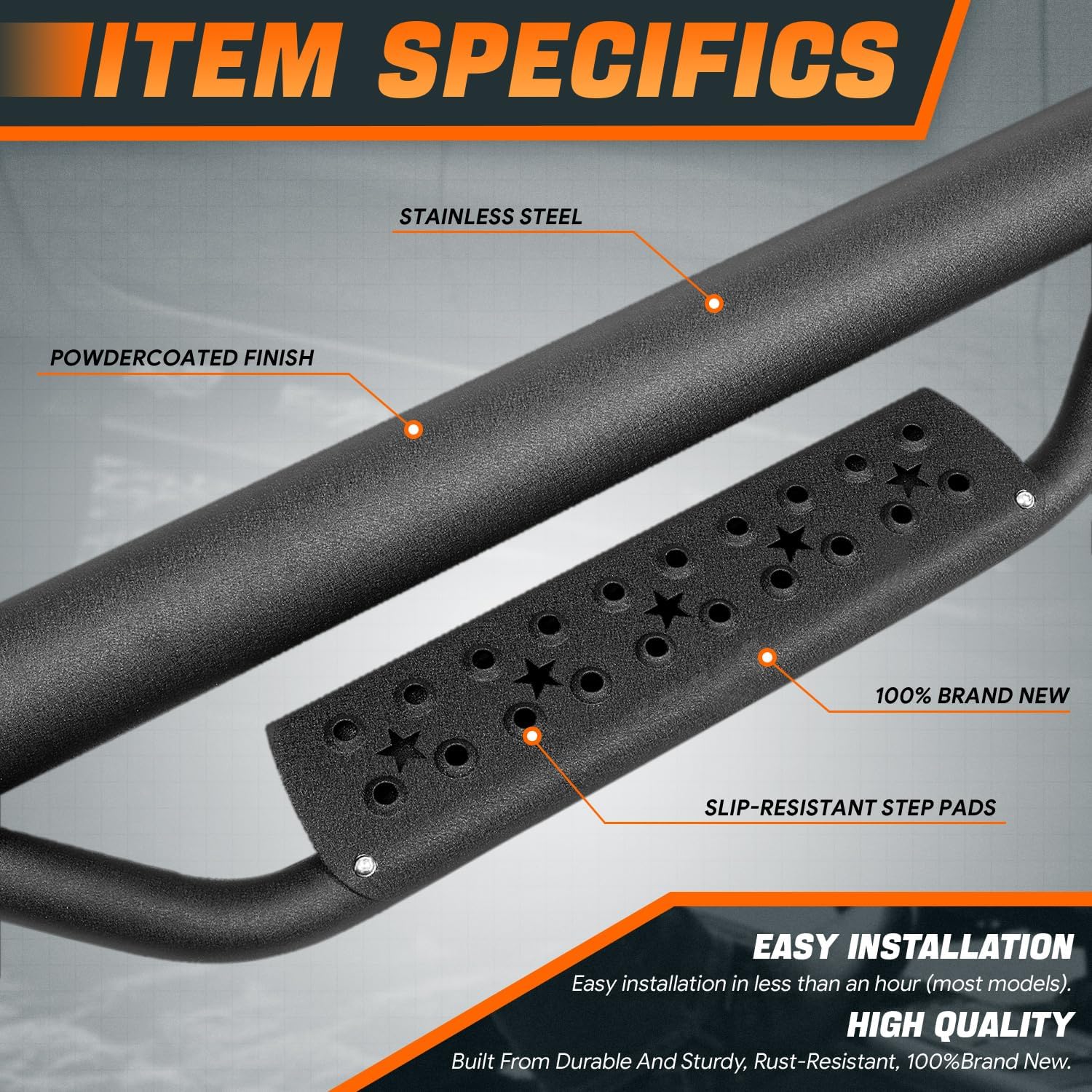 3 in. Wide Heavy Duty Steel Drop Down Side Step Nerf Bar Compatible with 07-18 Jeep Wrangler JK 2-Door CAAP-STEPS-8232-ZTL