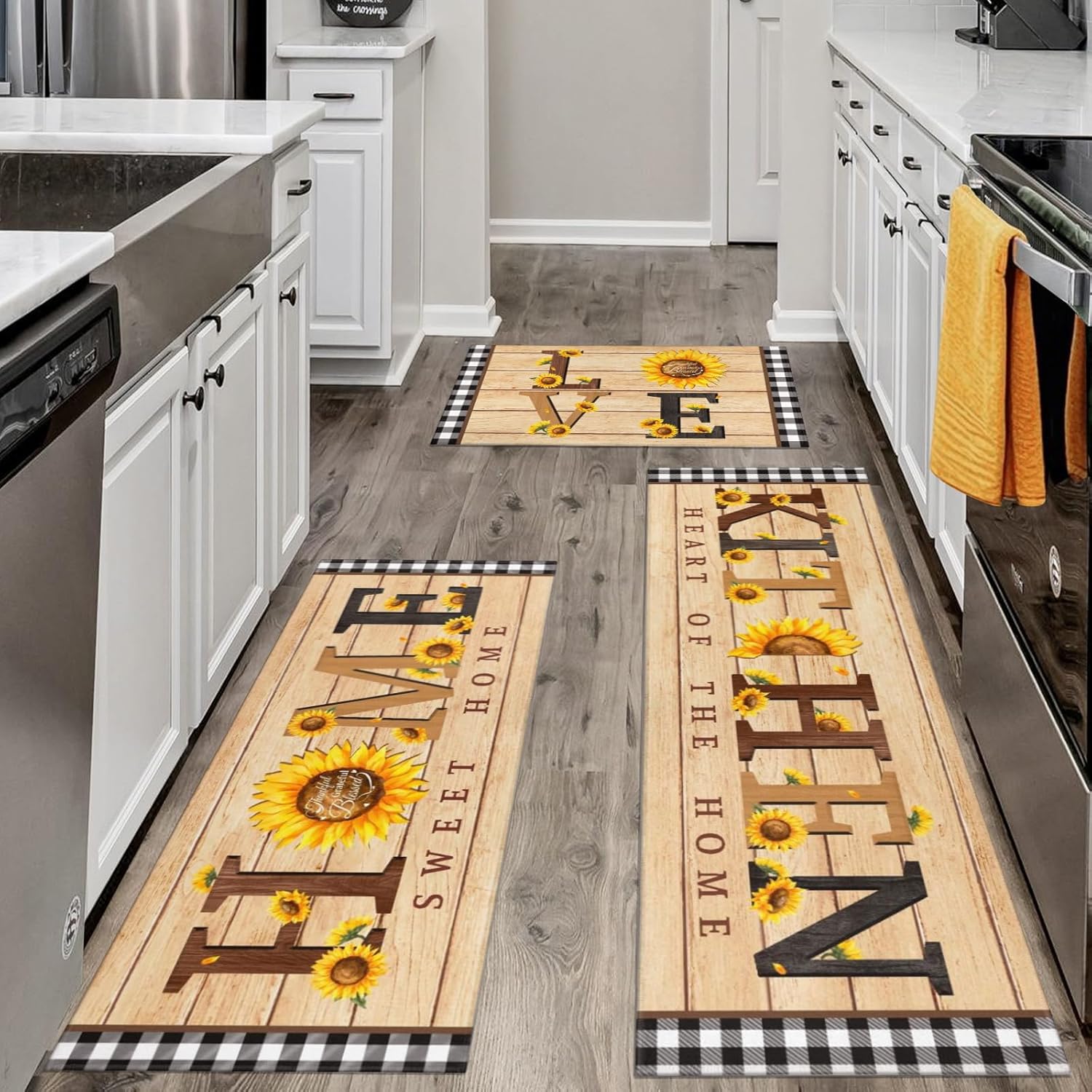 Sunflower Kitchen Rugs Sets of 3 Piece, Plaid Rustic Watercolor Floor Mat Rug Runner Area Rug Carpet Washable, Farmhouse Yellow Sunflower Kitchen Decor and Accessories Stuff
