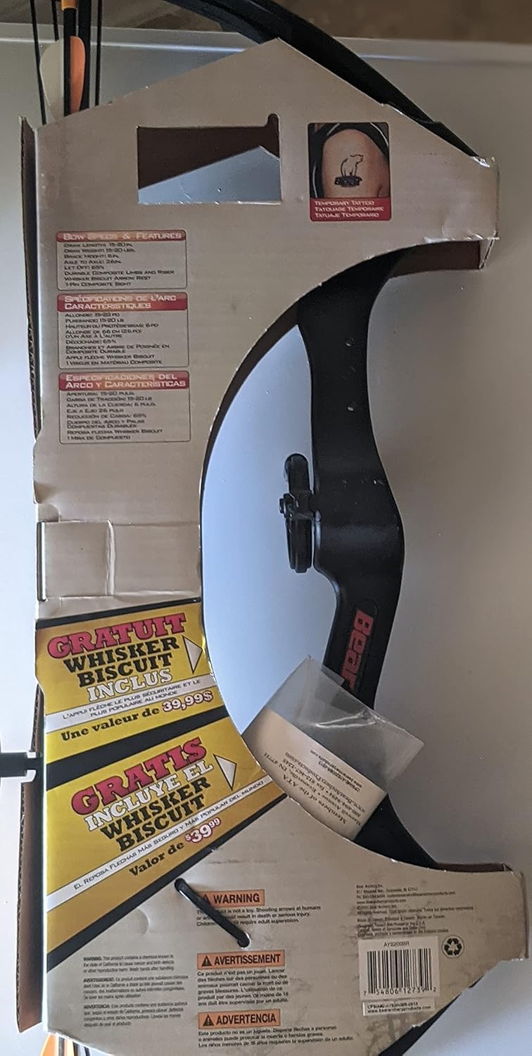 തിരികെ view of the Bear Archery Brave 3 Right Hand Bow Set packaging, showing additional product details and warnings.