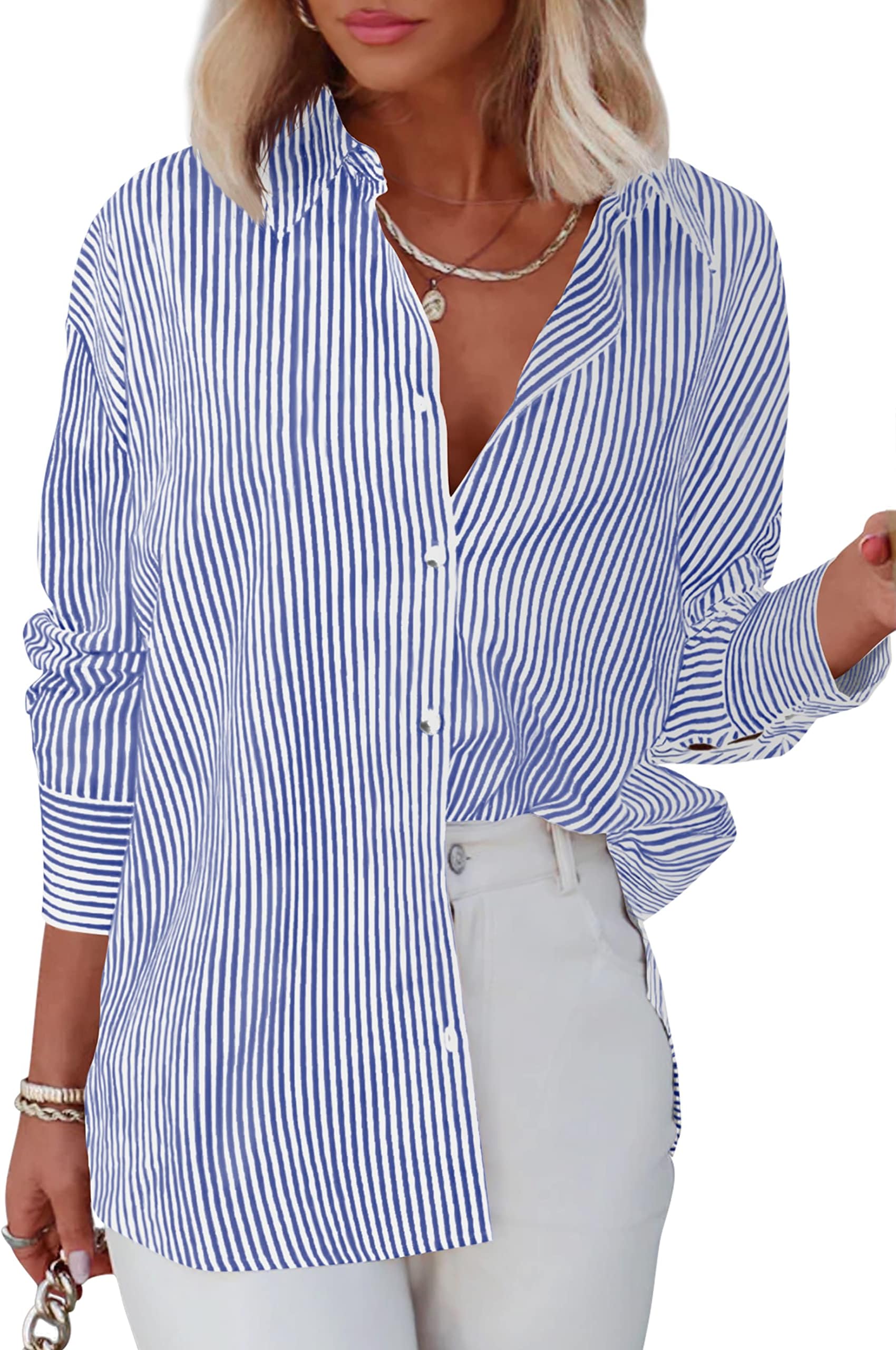Womens Striped Button Down Shirts Classic Long Sleeve Stylish Collared Office Work Blouses Tops