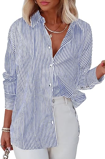 Diosun Womens Striped Button Down Shirts Classic Long Sleeve Stylish Collared Office Work Blouses Tops