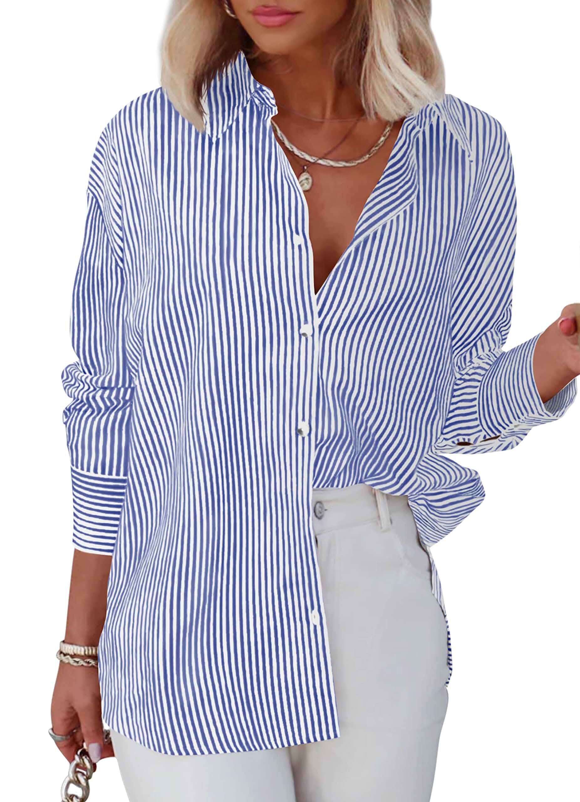 Diosun Womens Striped Button Down Shirts Classic Long Sleeve Stylish Collared Office Work Blouses Tops
