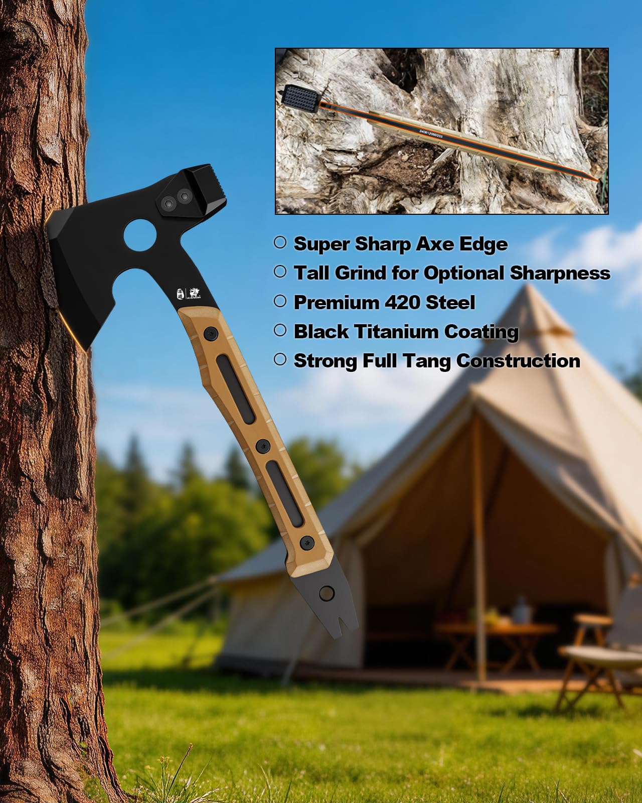 HX OUTDOORS Accetta Multifunzionale, Accetta Tattica da Sopravvivenza con Rivestimento in Titanio Nero per Campeggio e Bushcraft, Dotata di Martello e Estrattore per Chiodi (Marrone)