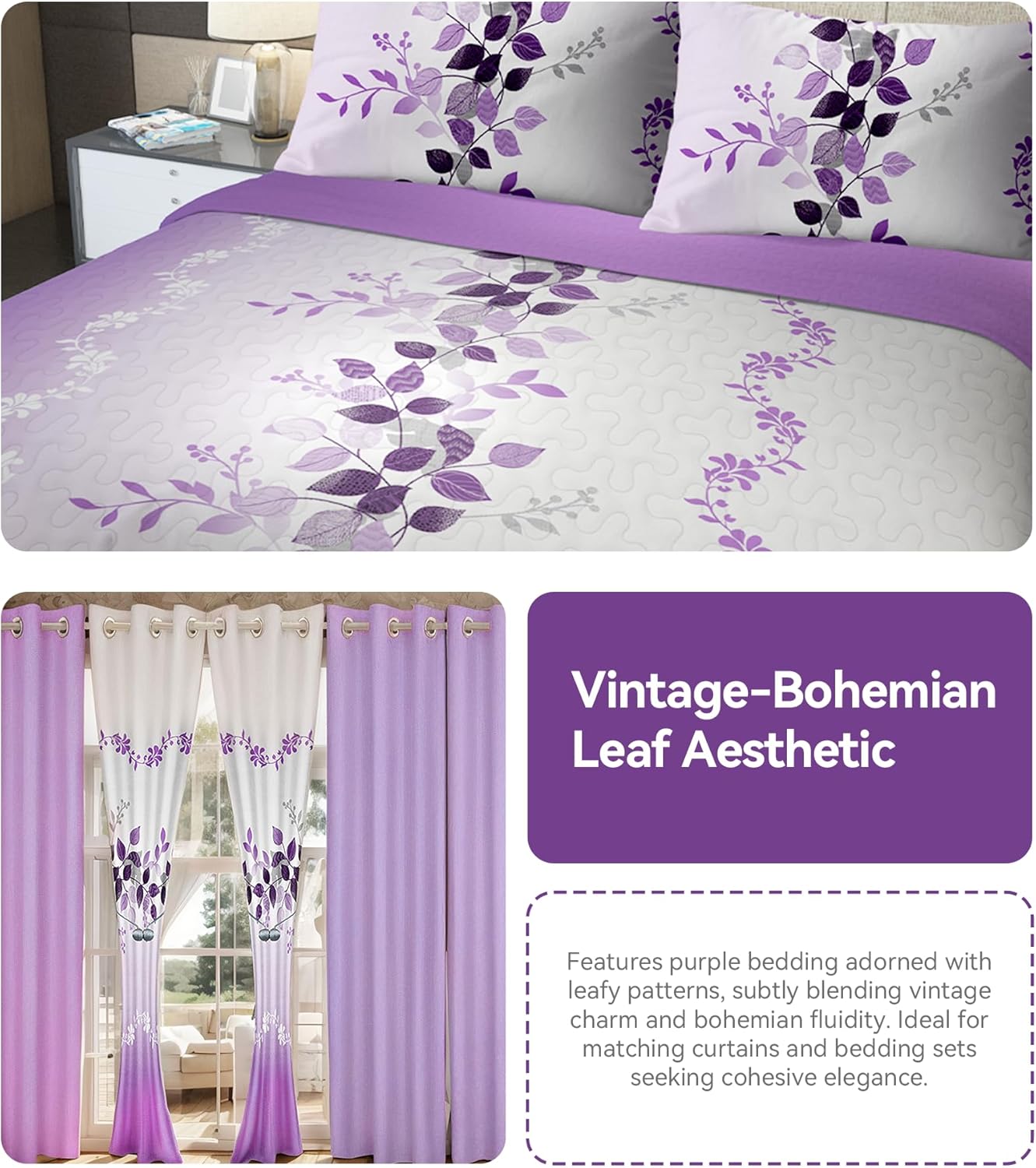 9 Pcs Queen Bed in A Bag with Curtains | Purple Floral Boho Bedspread, 2 Pillowcases, 2 Print & 4 Solid Curtains | Microfiber, Silky Soft | Bedroom, Rv Decor