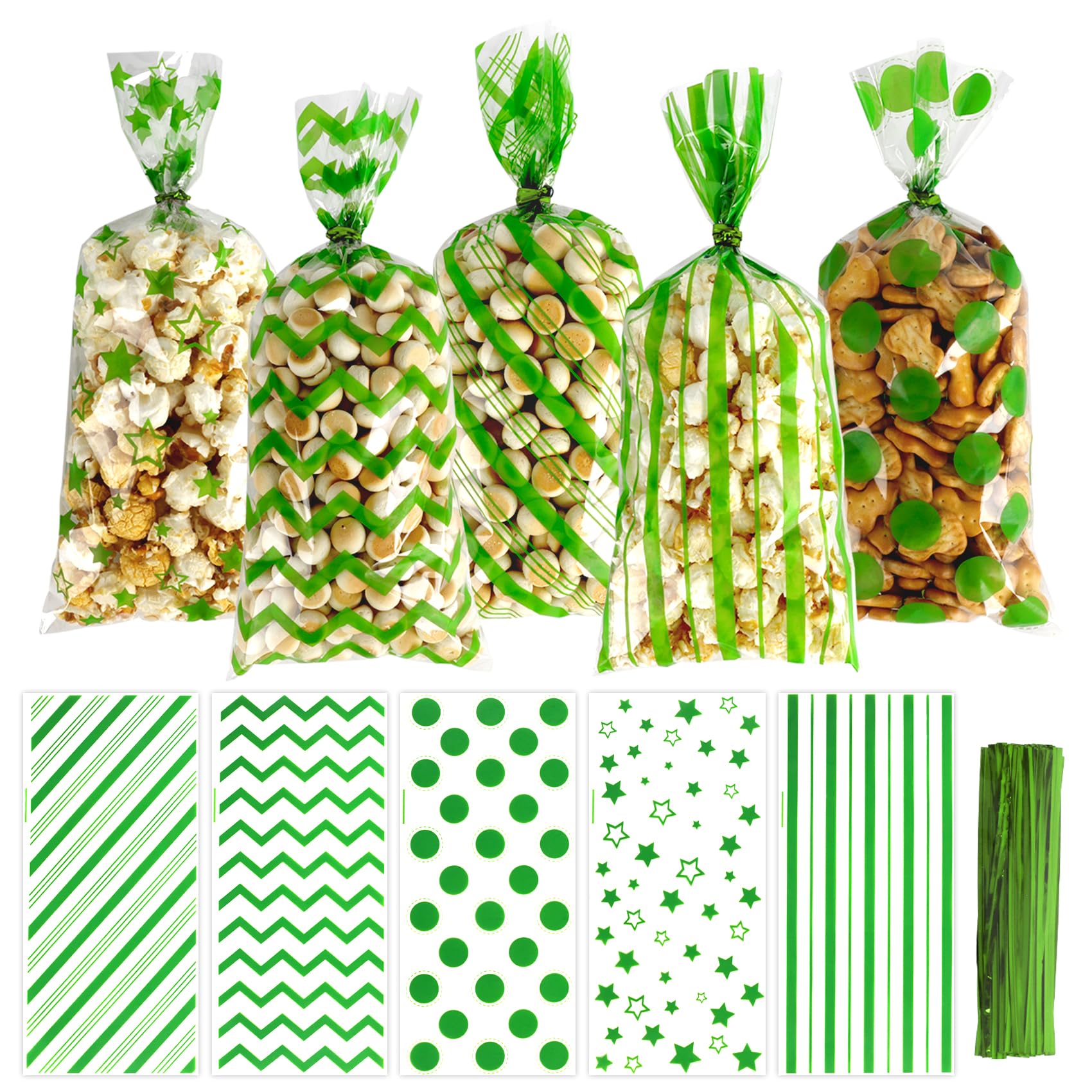 Green Cellophane Treat Bags, 100 PCS Spring Cellophane Treat Bags, 5x11 Inch Plastic Green Treat Candy Cookie Goodies Snack Gift Bag with Twist Ties for Spring St Patricks Day Party Favor Supplies
