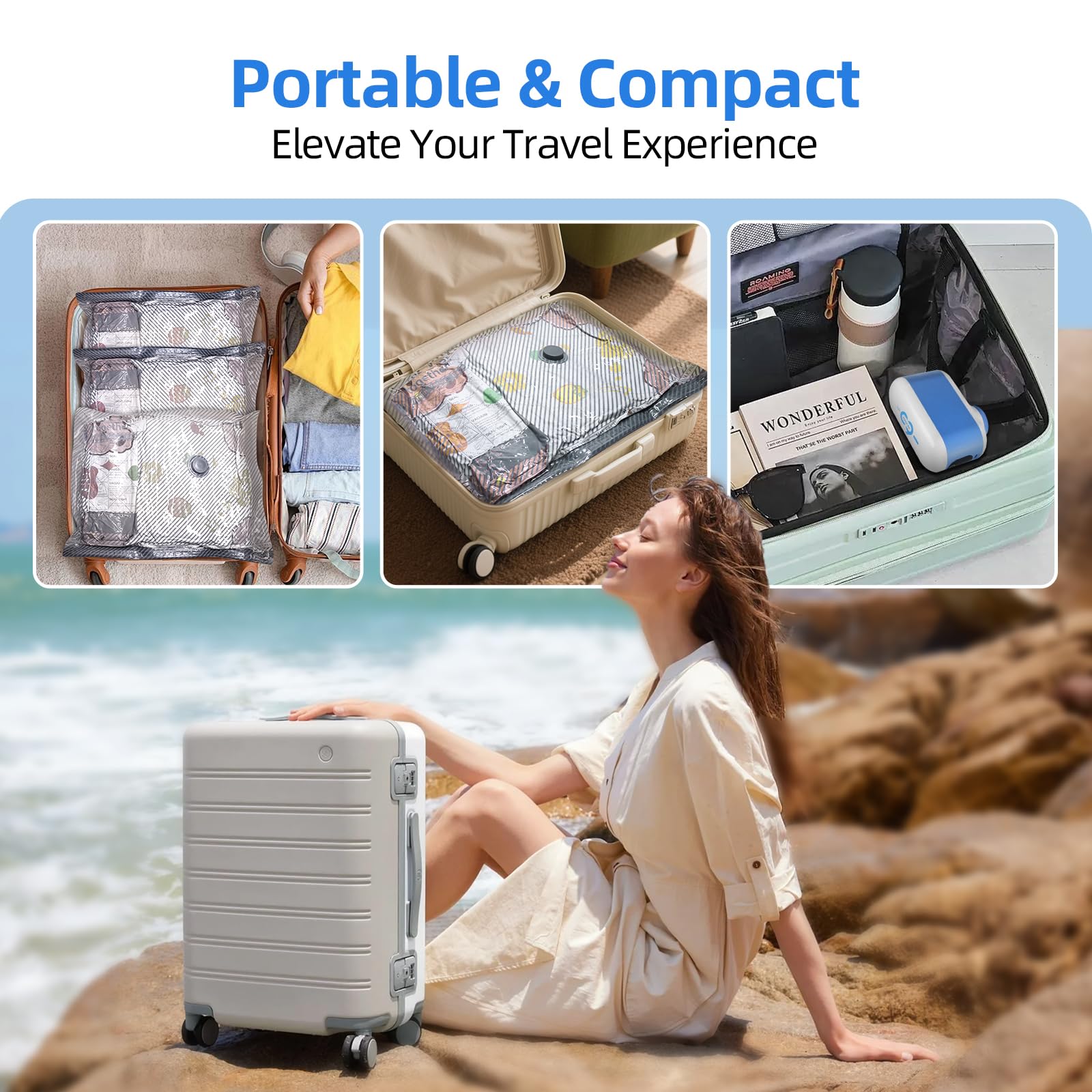 Sac Sous Vide Voyage avec Pompe,AFAITH 9 Sacs Sous Vide (3 x 40x50cm, 3 x 40x60cm, 3 x 50x60cm) 1800 mAh Pompe, Ensemble de Sac Rangement de Voyage Sous Vide pour Voyager et Ranger Dans la Valise