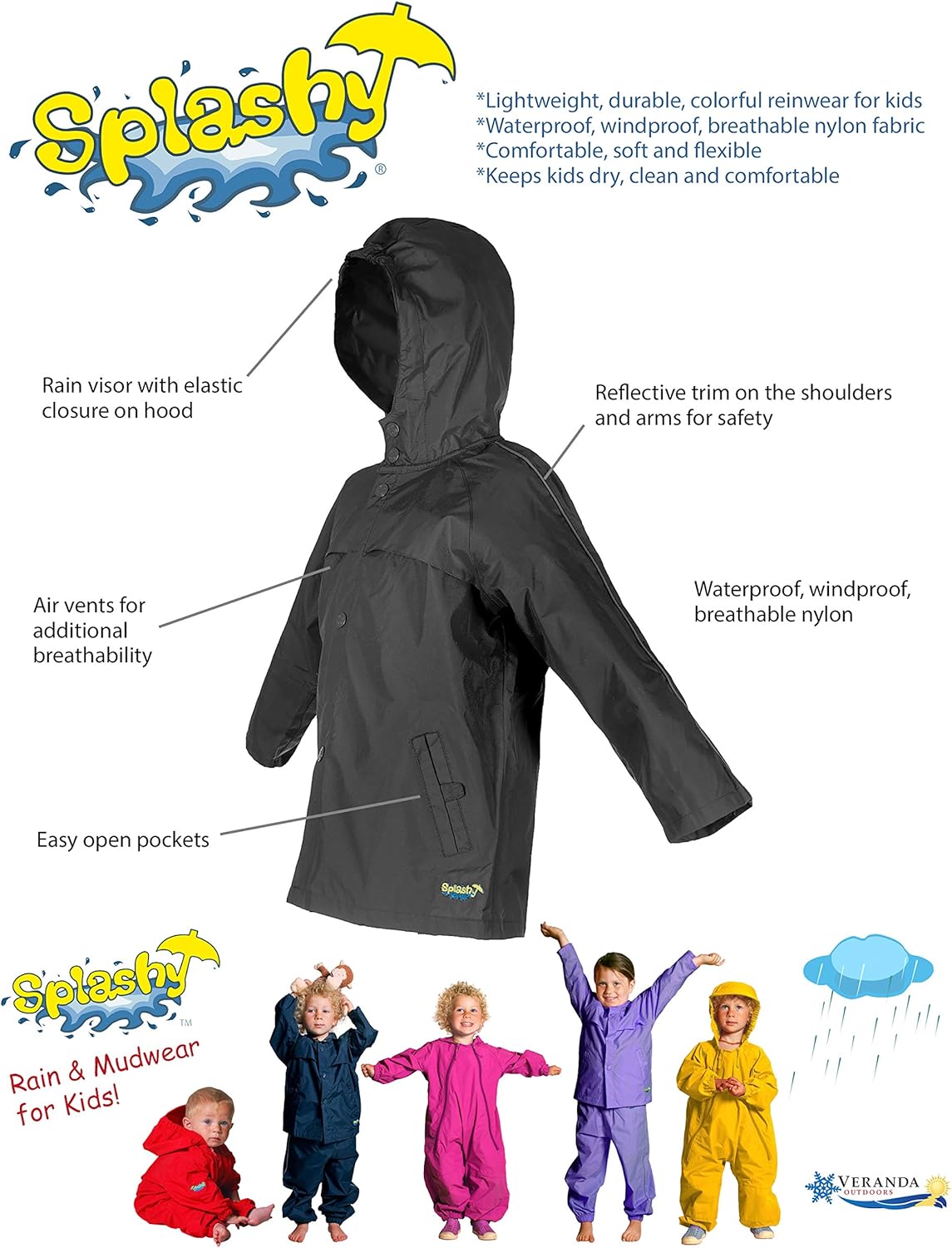 Splashy Nylon Children's Rain Jacket 2T Black