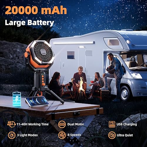 Miniatura 2 de MORIKO Trípode de ventiladores de mesa, 20000 mAh, recargable, funciona con pilas, ventilador portátil para tienda de campaña con linterna LED,