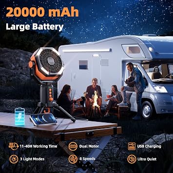 MORIKO Table Fans Tripod, 20000mAh Rechargeable Battery Operated Portable Tent Fan with LED Lantern, Remote Control, Hook, 270 Pivot, Stepless Speed-Ideal for Camping, Picnic, Barbecue, Jobsite