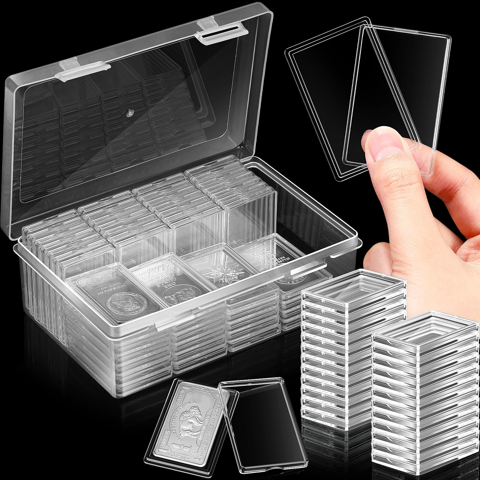 Batiyeer 100 Pcs Clear Acrylic Bullion Holder and Plastic Storage Box for 1 oz Silver Bar