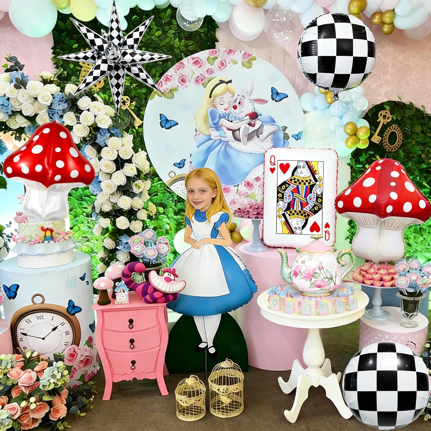 Whimsical Tea Party Decorations,4D Mushroom/Playing Card/Teapot/Checkered Foil Balloons For Alice Party Decor,Fairy Party Balloons,Onederland 1st First Birthday,babyshower decor