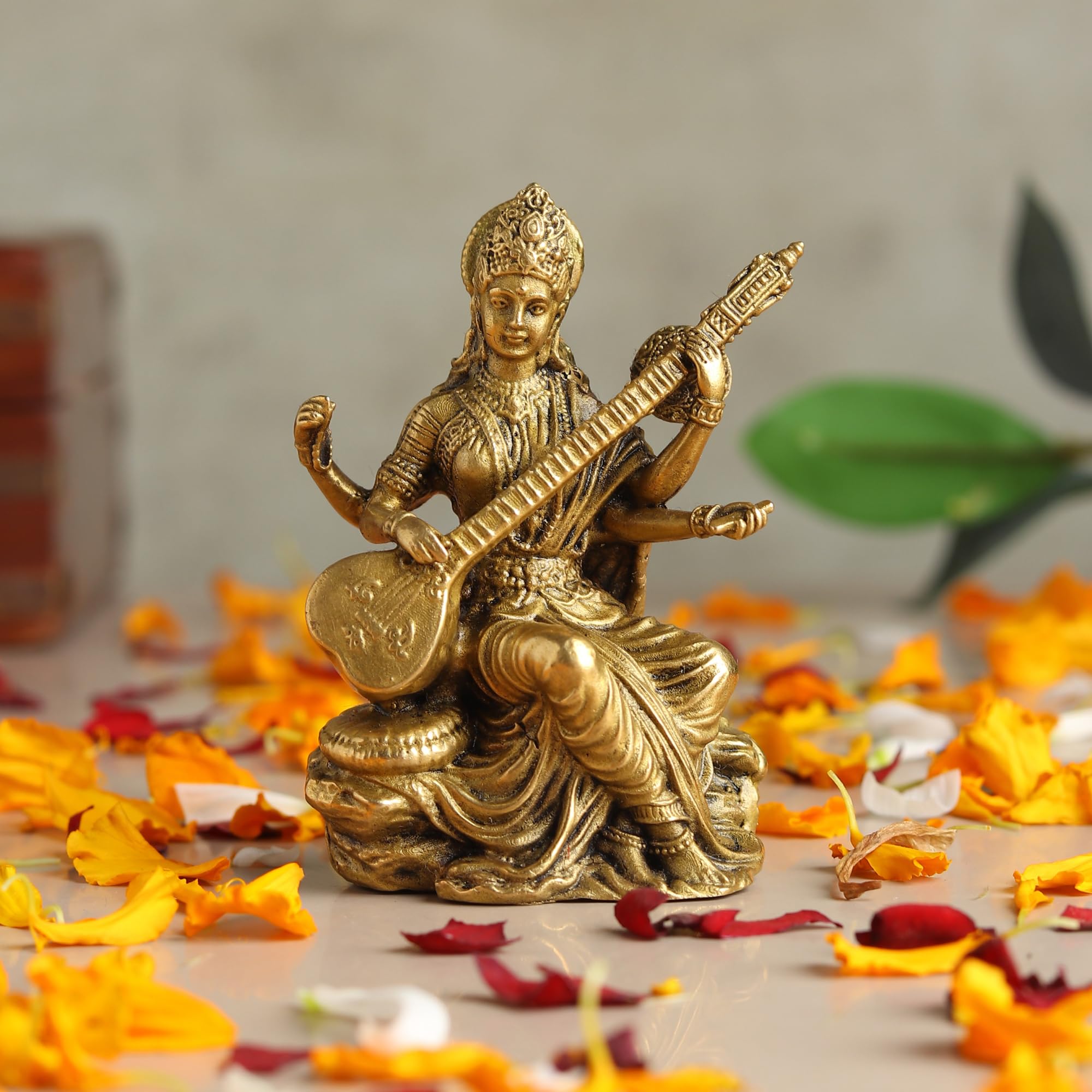 Habere India-All the Cultures Fabricating India Brass Saraswati Maa Idol for Pooja Room | Pure Brass Saraswati Murti for Home | Decorative God Statue for Home Temple (Design01: L5 x W4 x H7.5 cm)-picture-28