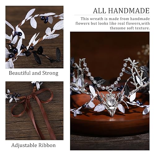 Miniatura 5 de MOSTORY Corona de elfo del bosque hecha a mano, tocado de hada del bosque, círculo, hoja de elfo, rama plateada, tiara de vid con borla para el