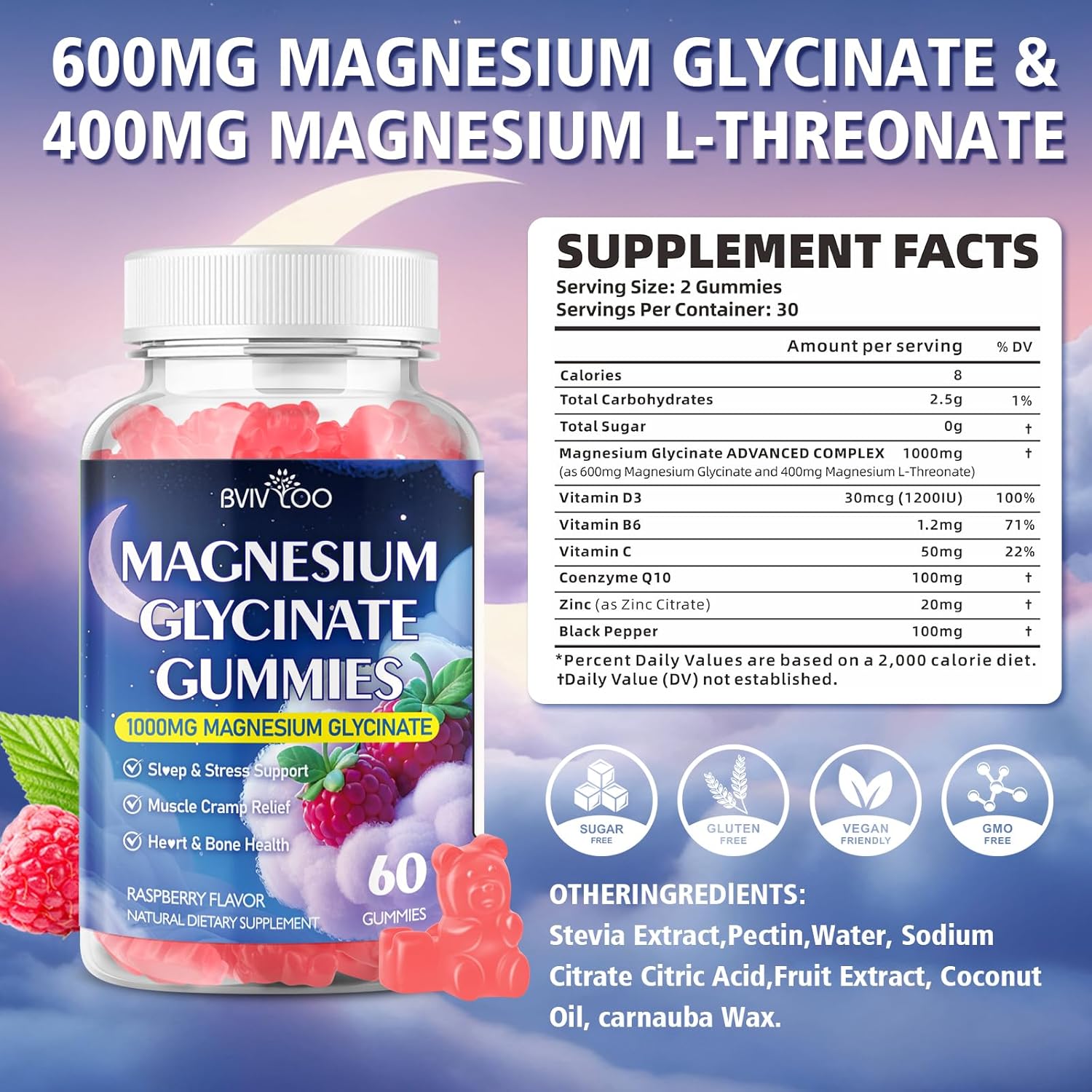 Magnesium Glycinate Gummies 1000mg with L-Threonate, Vitamin D, B6 & CoQ10 - Supports Memory, Calm & Mood - Sugar-Free Raspberry Flavor - 120 Count