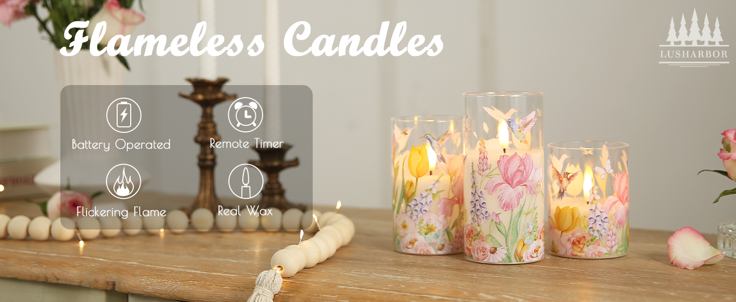 Image of LUSHARBOR Flameless Candles with Remote, Battery Operated Glass Candles Pink Rose Flickering LED Candles Real Wax Floral Christmas Decor Electric Pillar Candles Set of 3