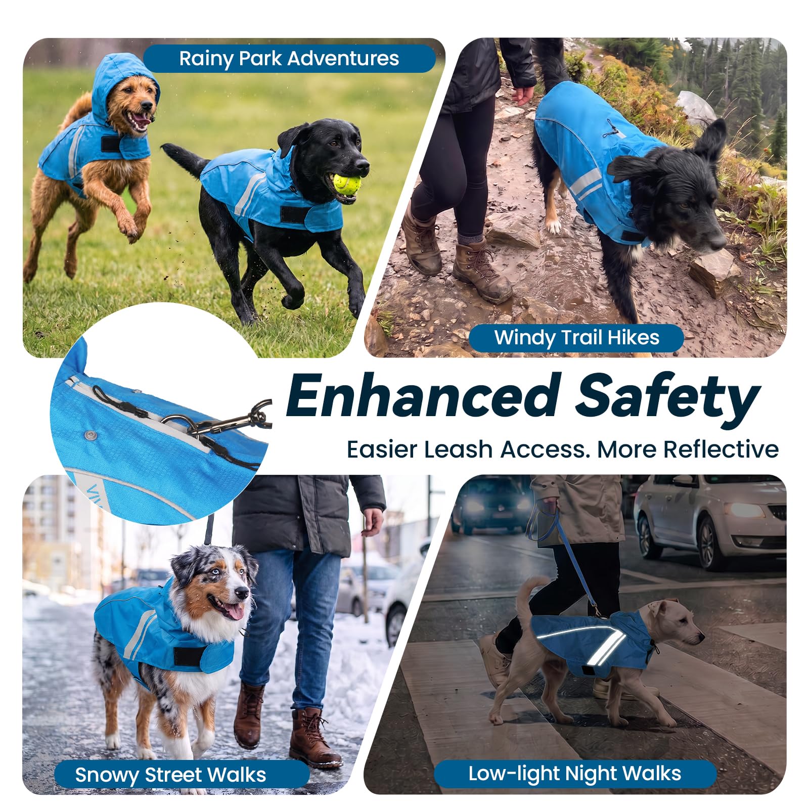 VIVAGLORY Impermeable para Perros Medianos, Ropa de Lluvia Fácil de Poner y Quitar, Chaleco de Seguridad Reflectante, Transpirable y Ligero para Perros, Azul
