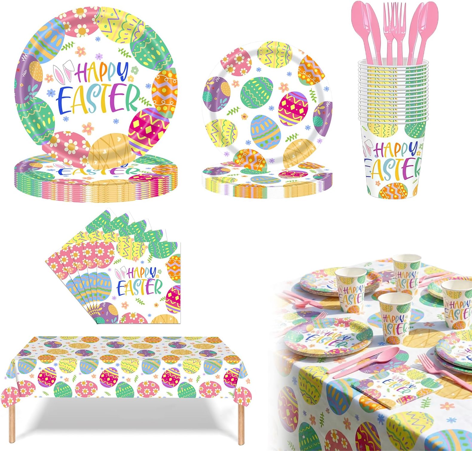 Easter Table Decorations – 70pcs Easter Party Decorations Tableware Set with Plates, Napkins & Table Cloth, Colourful Egg & Rabbit Party Supplies for Dinner Dessert