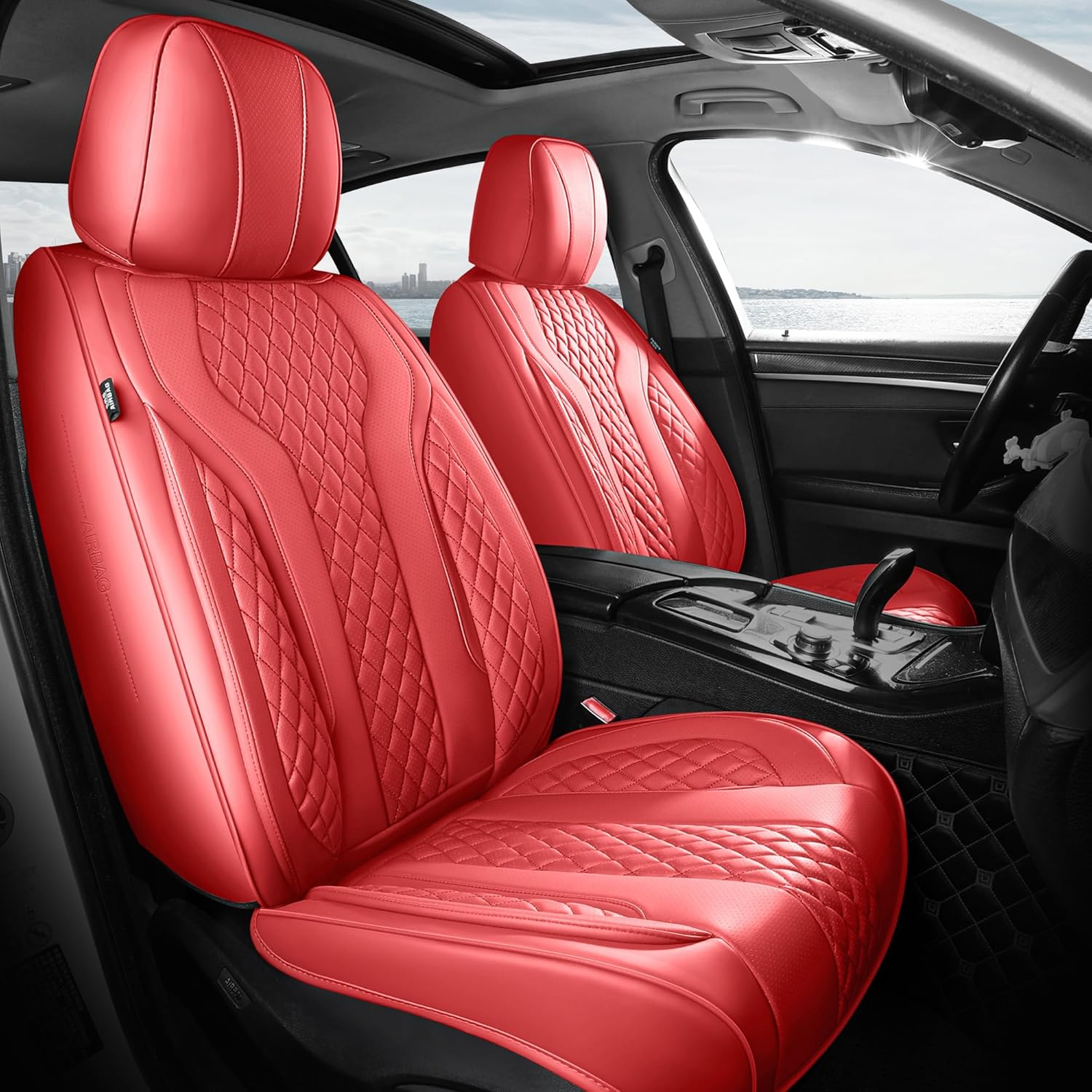 Leather Car Seat Covers Full Set, Breathable Faux Leather Seat Covers for Cars SUV Sedan Waterproof RED