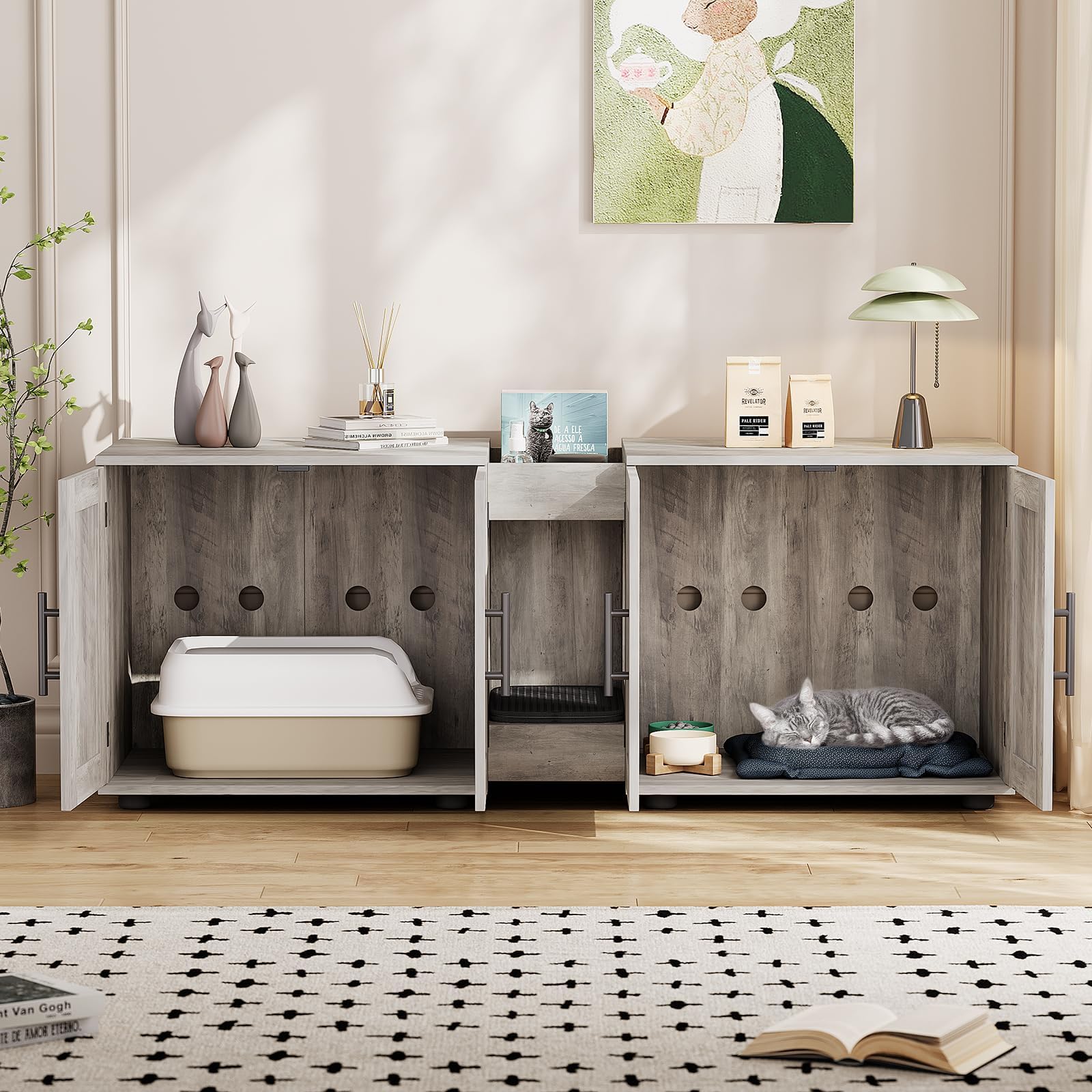 Meuble Litiere 2 Chat en Bois avec 4 Porte,Maison de Toilette Chat Caché avec Plan de Travail,Ouvert Rangement Casier,8 Aération,Armoire litière Entrée latérale pour Salon,Bain(140x55x45cm,Gris)