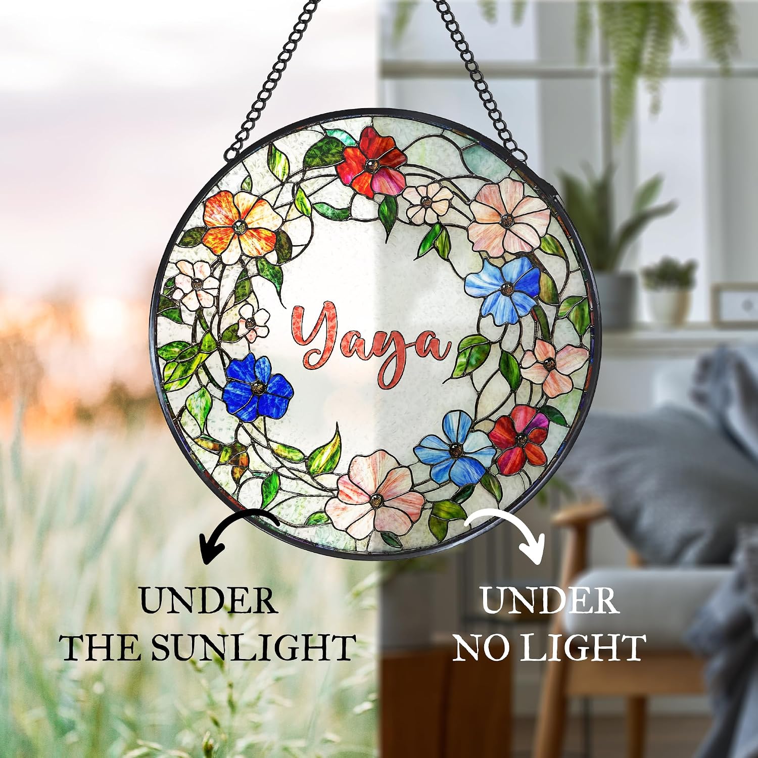 Yaya Gifts for Grandma Stained Glass Window Hanging Suncatcher, Grandma Floral Garden Sun Catcher Window Wall Hanging Decor, Yaya Gifts for Mothers Day Christmas Birthday, 7.8 x 7.8 in