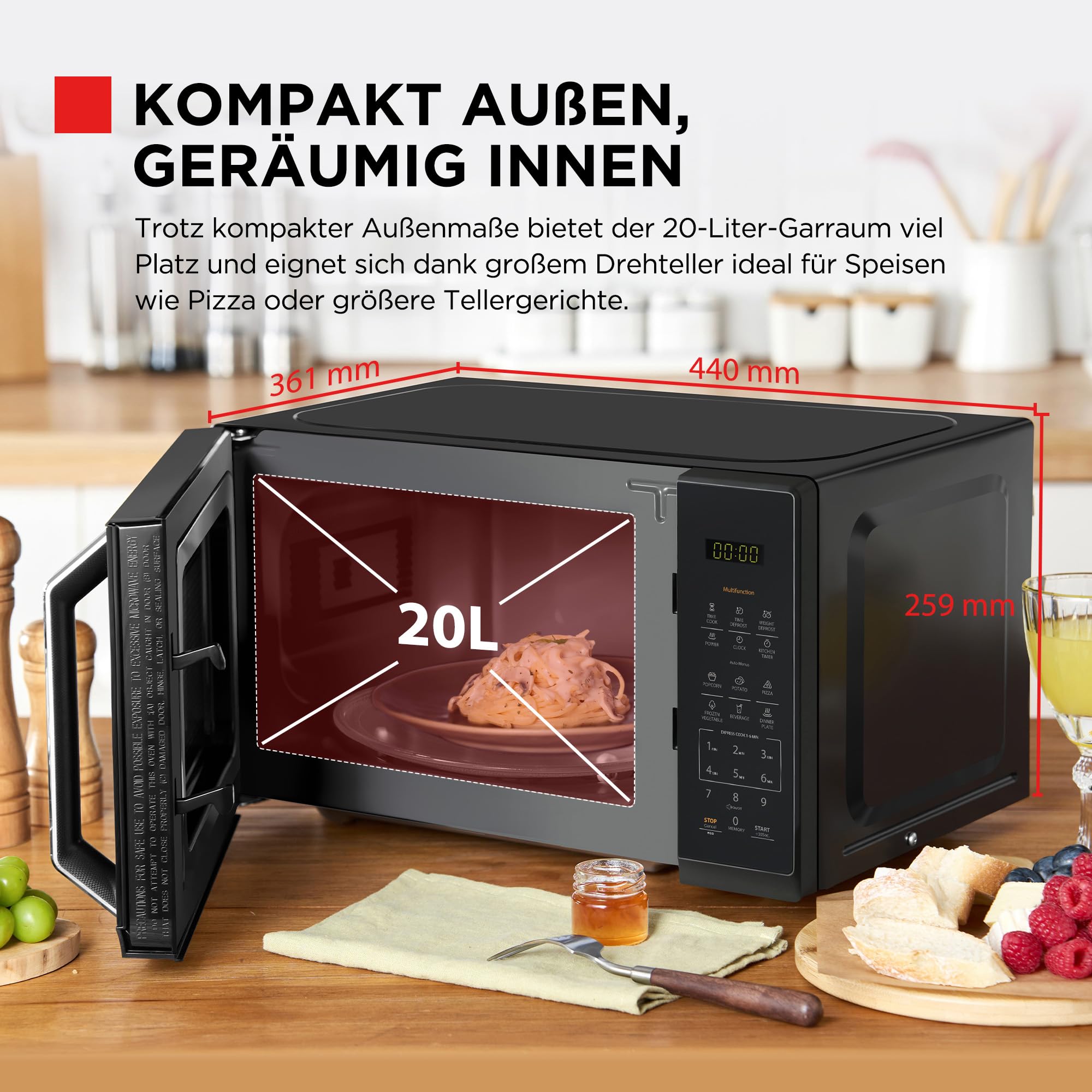 TOSHIBA Kuchenka mikrofalowa w lustrzanej czerni, 20 litrów, 800 W, cyfrowa kuchenka mikrofalowa Solo z 11 poziomami mocy, 6 automatycznych programów, funkcja ekspresowego gotowania, rozmrażanie