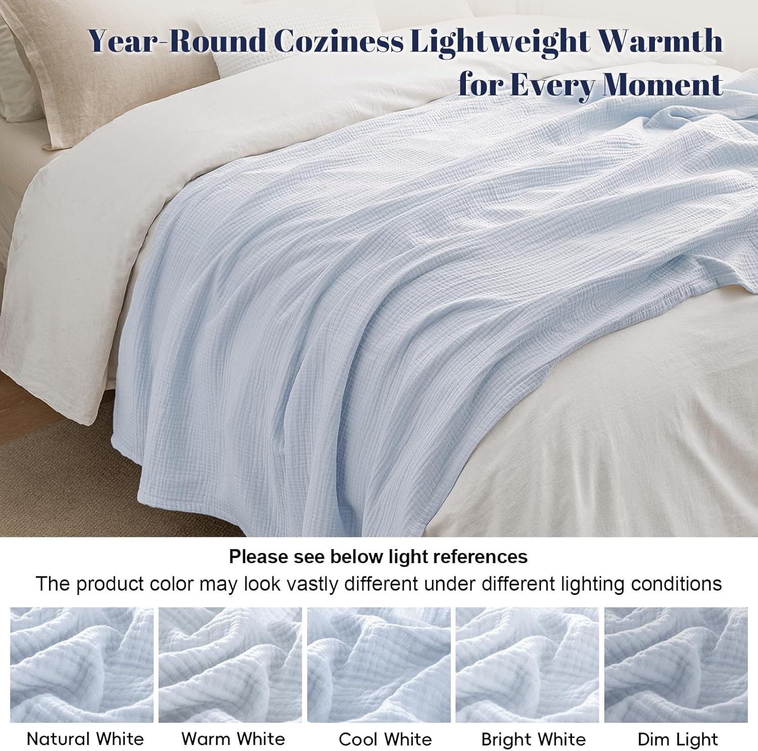 PHF 100% Cotton Muslin Throw XL Blanket Large 50" x 70", 4-Layer Lightweight Gauze Throw, Breathable Cloud-Soft Minimalist Blanket for Bed, Couch, Camping, Ancient Water, Ideal Gift