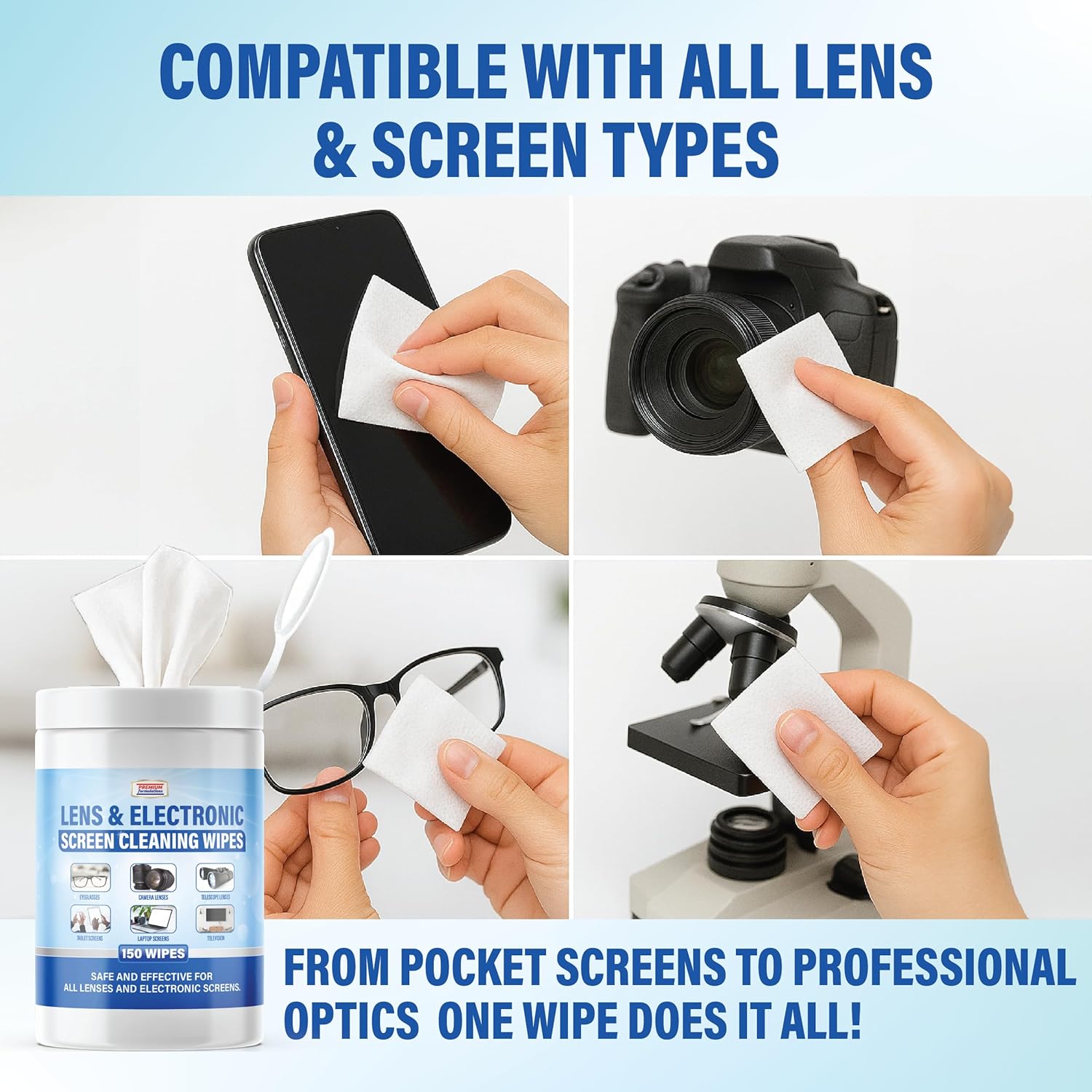 [150 Wipes] Lens & Electronic Screen Cleaning Wipes | Gentle, Lint-Free, Pre-Moistened Wipes for Eyeglasses, Camera Lenses, Phones, Laptops