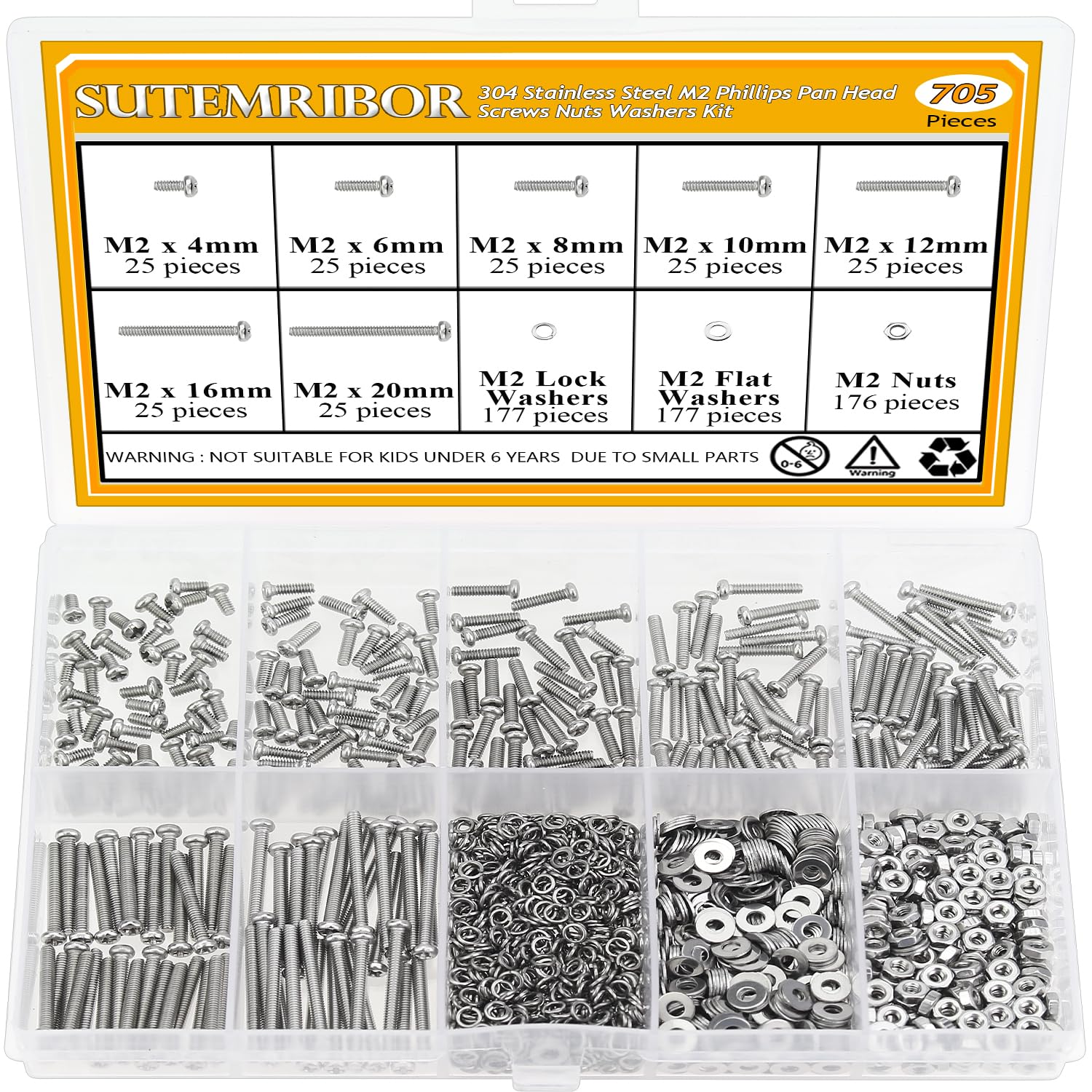 705 Pieces M2 Machine Screws Nuts Washers Set, Sutemribor M2 x 4/6/8/10/12/16/20mm Phillips Pan Head Machine Screws Nuts Washers Assortment Kit, 304 Stainless Steel, Fully Threaded