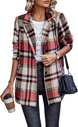 PRETTYGARDEN Women Plaid Shacket Jacket Trendy Fall Casual Button Wool Blend Tartan Trench Coat Winter Clothing with Pockets
