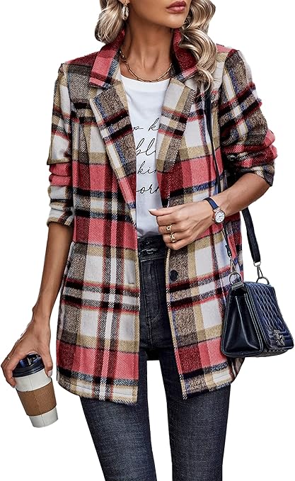 PRETTYGARDEN Women Plaid Shacket Jacket Trendy Fall Casual Button Wool Blend Tartan Trench Coat Winter Clothing with Pockets