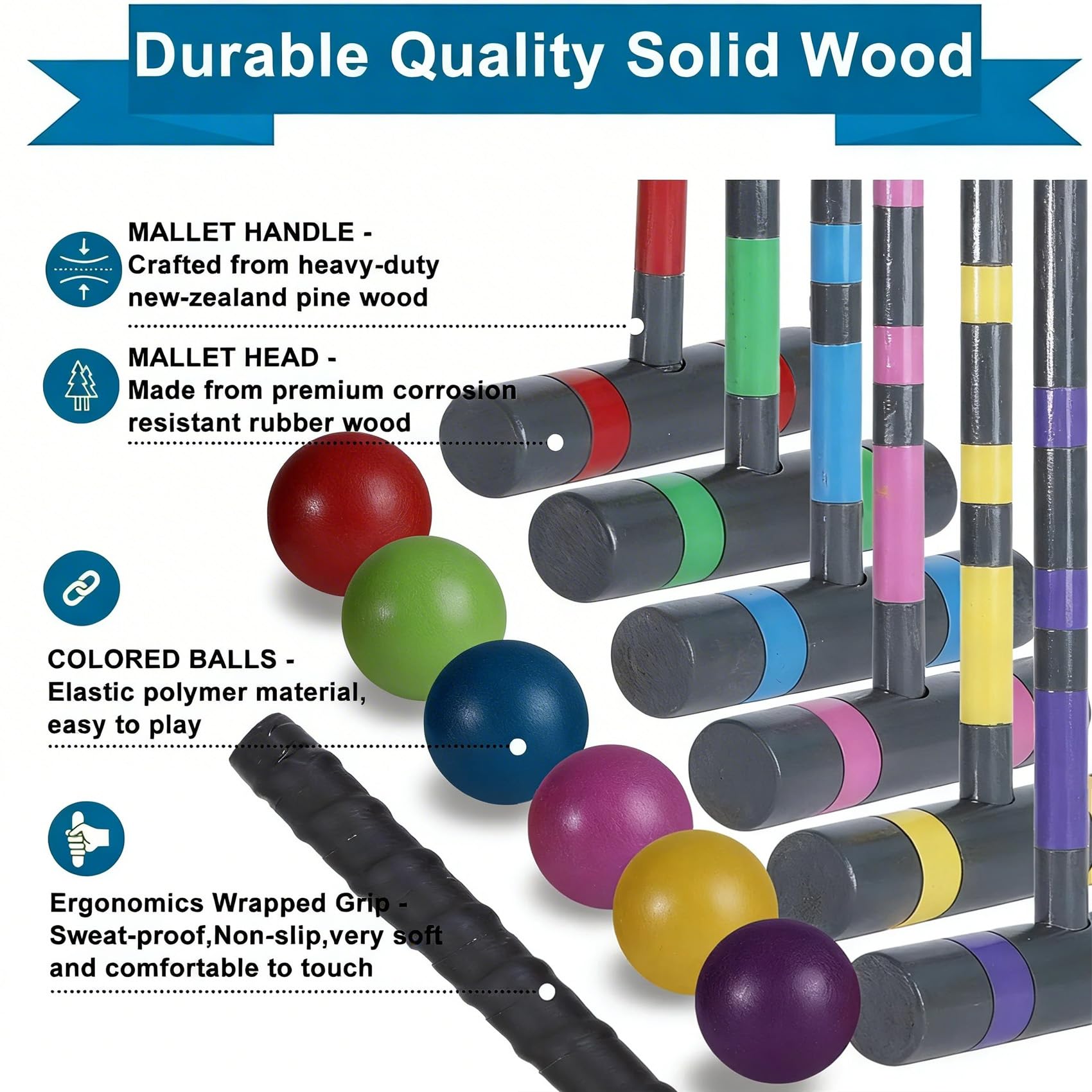 Juego de croquet para seis jugadores de 35 pulgadas, juego de croquet de lujo [estilo verde azulado] con mazos de madera/bola de colores/mechas/estacas para adultos/adolescentes/familia