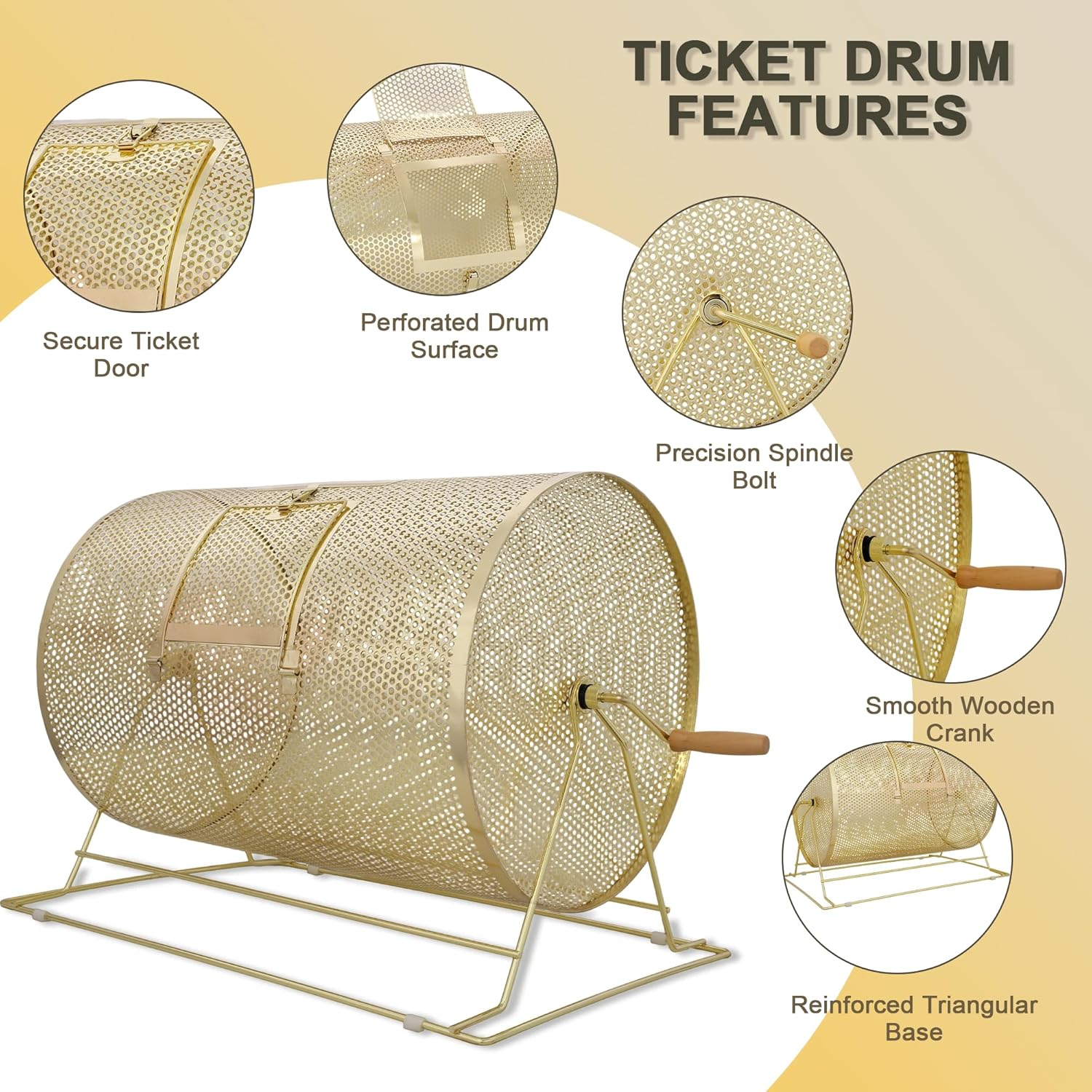 Raffle Drum, Brass Plated Raffle Ticket Spinner Cage Box with Wooden Turning Handle, Large Capacity Holds 10000 Tickets or 300 Ping Pong Balls, Raffle Wheel Spinner for Lottery Games Raffle Balls