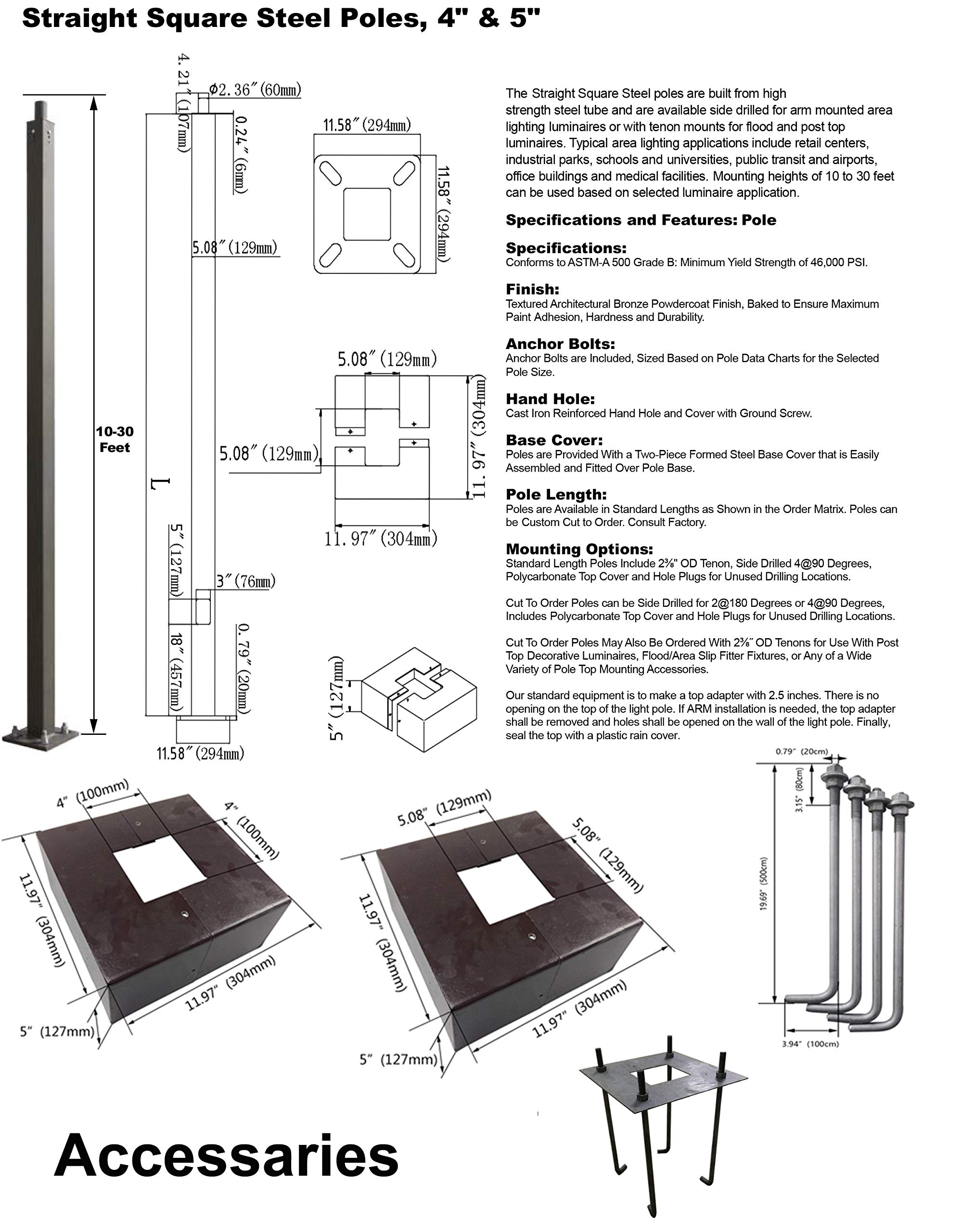 15FT Bronze Steel Parking Lot Light Pole - 4x4 Square Design With Removable Tenon Adapter - Complete Installation Kit Included
