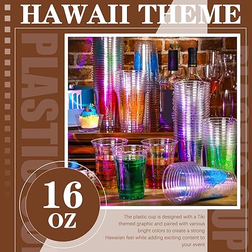 Miniatura 7 de Pinkunn 100 vasos de plástico Tiki a granel de plástico de 16 onzas, tazas Tiki temáticas de Tiki, vasos de Luau para fiesta hawaiana para Luau
