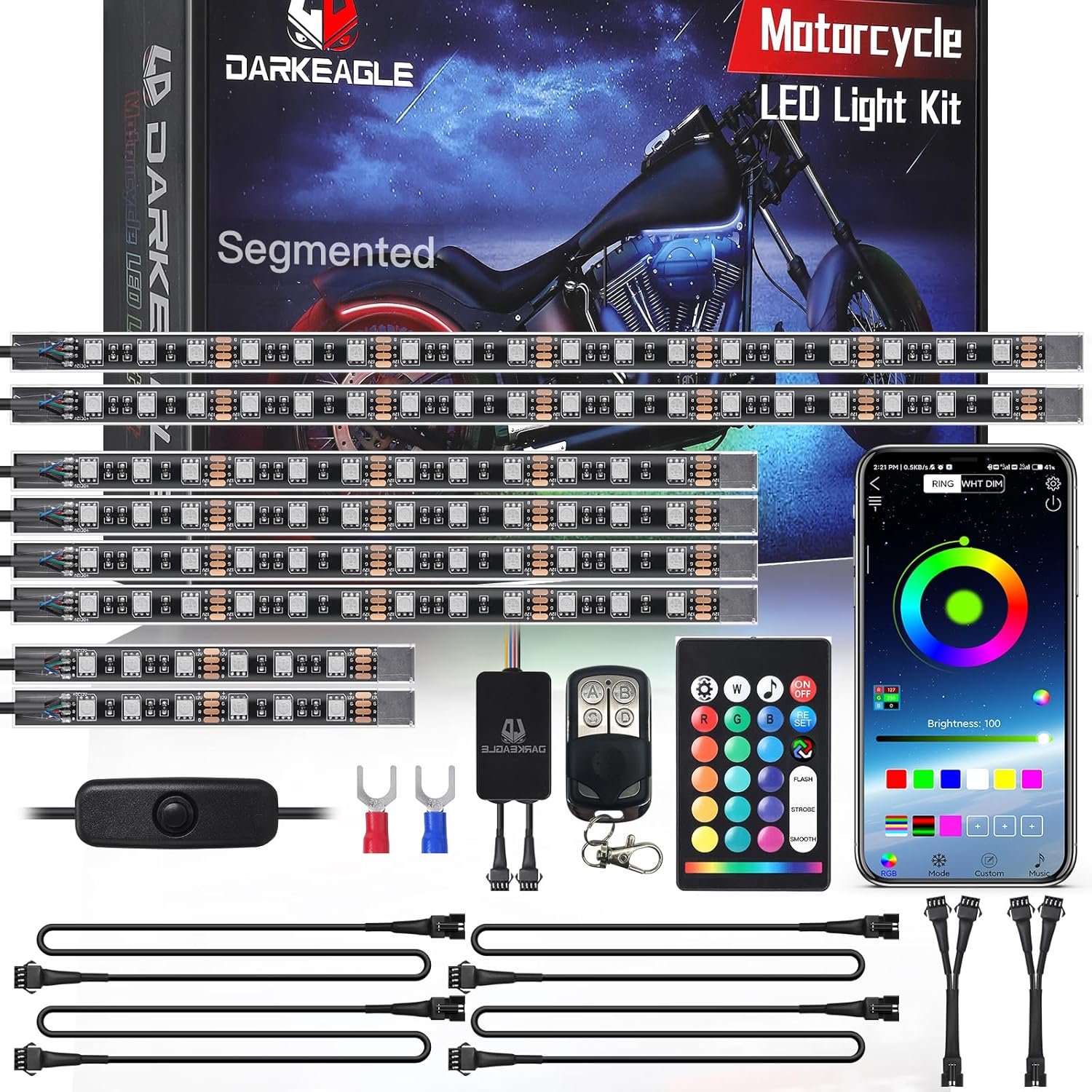 8PCS Segmented Motorcycle LED Light Kit and 4PCS 47 inch Extension Cords and 2PCS 2-Way Splitters with Brake Light Turn Signal, Motorcycle Underglow Lights with APP/RF Remote Control, Dual Zone